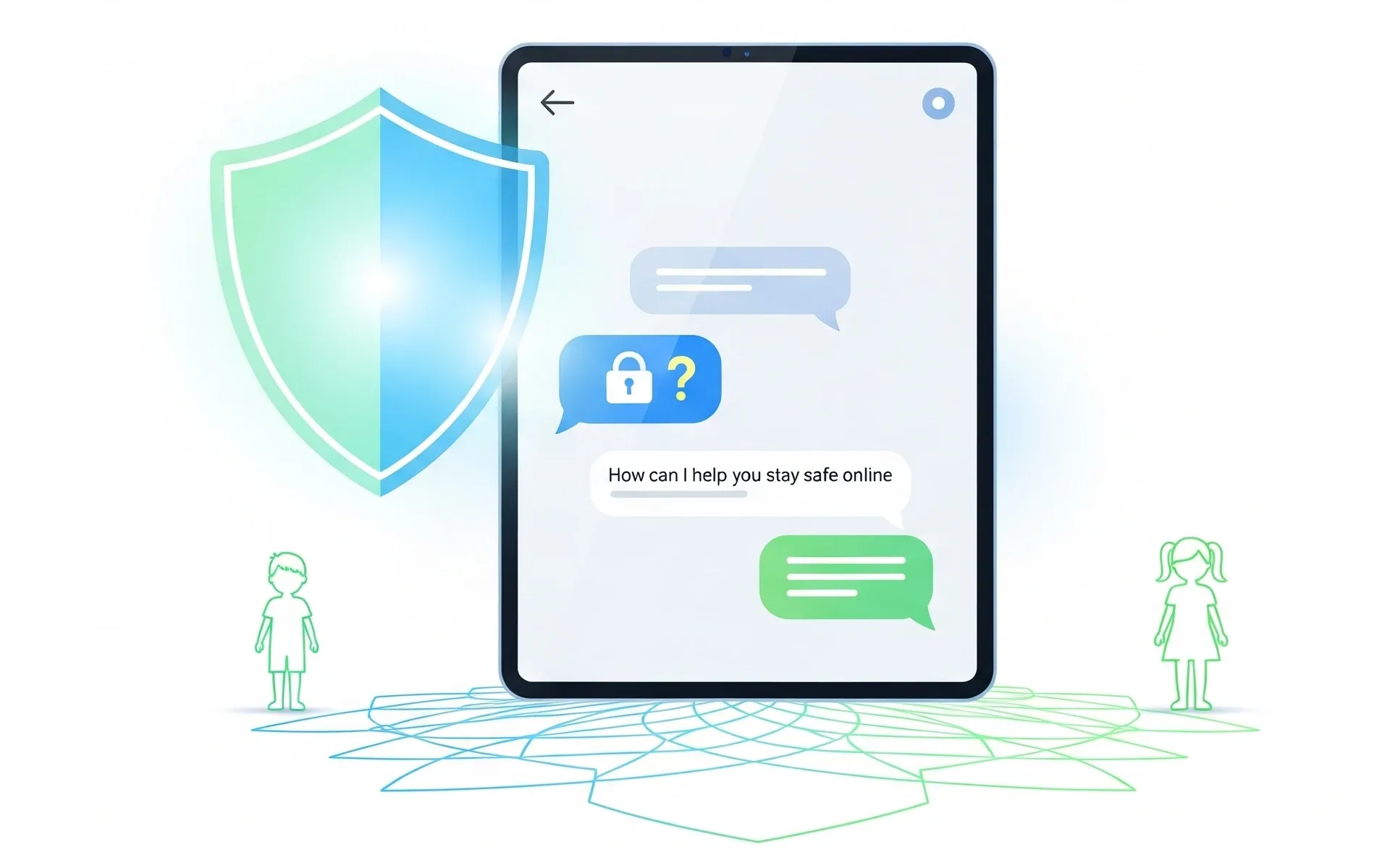 AI chatbot safety regulation concept showing digital protection shield and children with chat interface