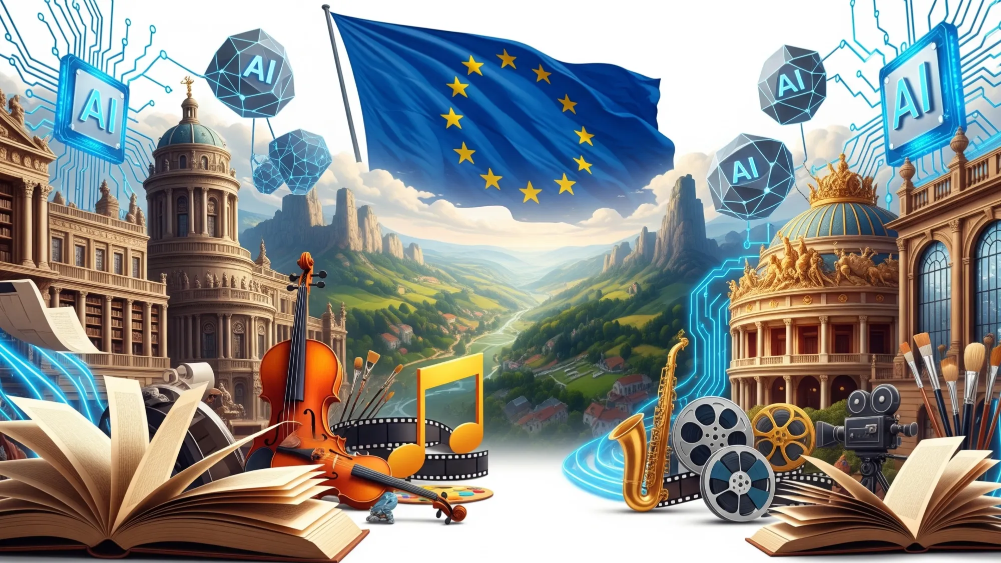 European creative industries clash with AI regulation amid EU flag and digital technology symbols.