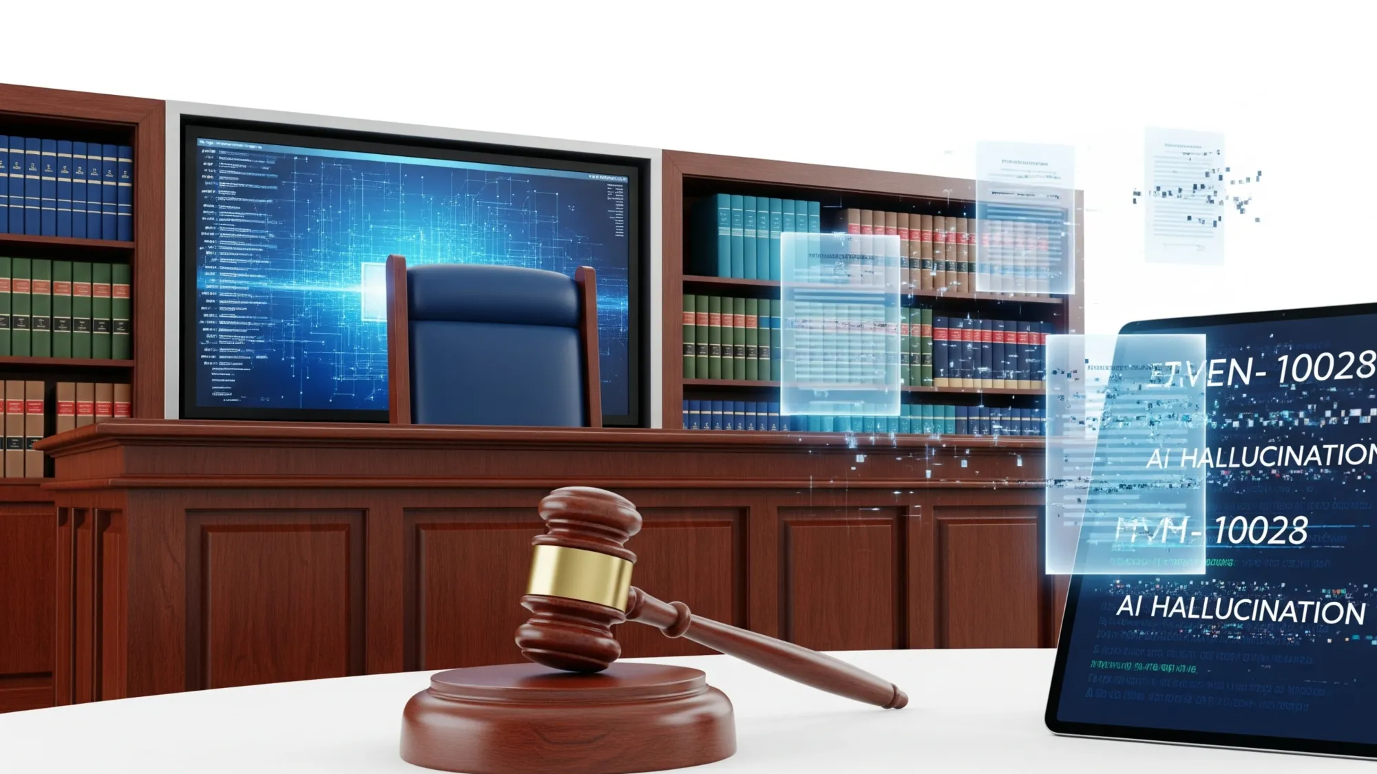 Modern courtroom with AI technology displaying legal citations and digital evidence on screens and tablets.