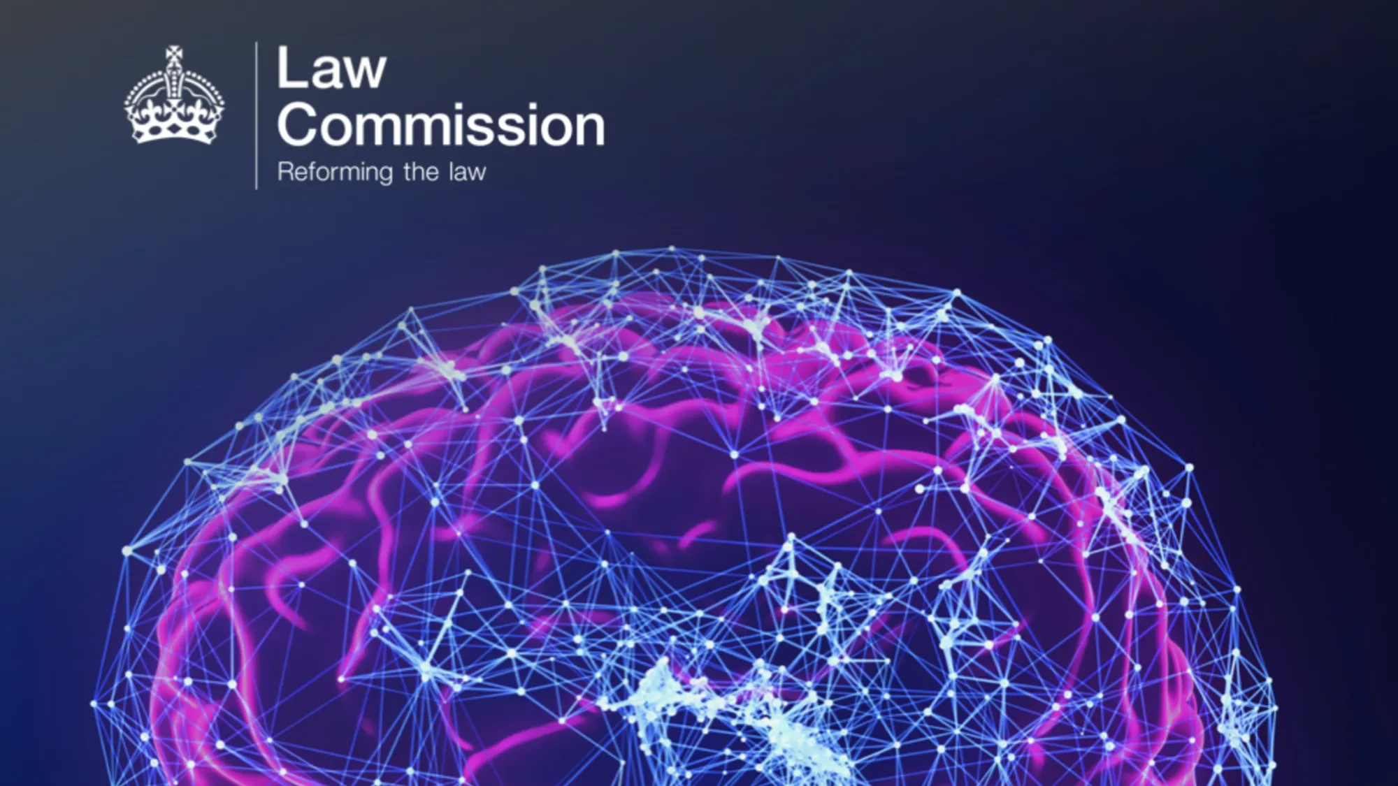 AI legal framework challenges visualized through neural network brain illustration for Law Commission discussion paper.