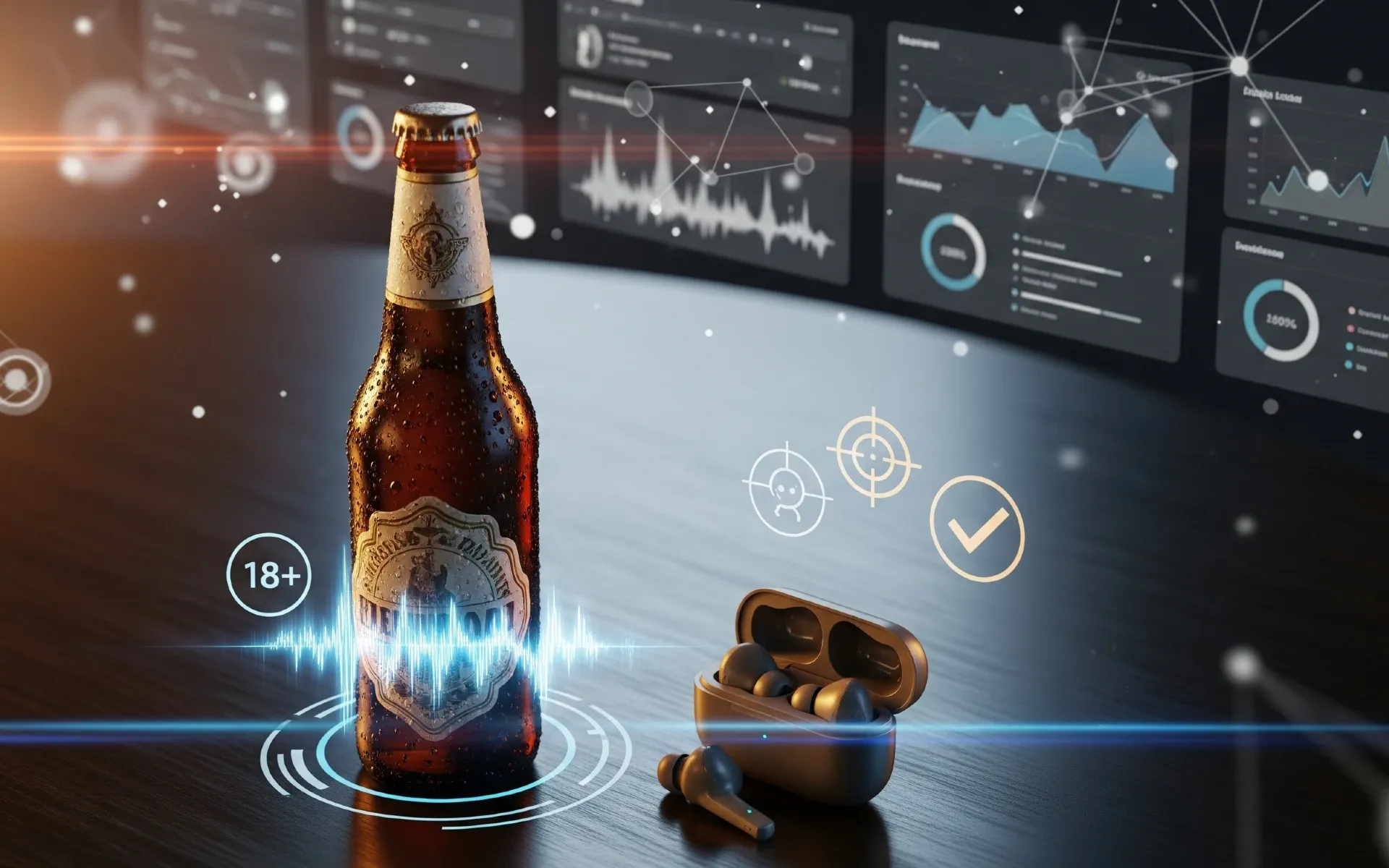 Beer bottle with earbuds showing digital audio advertising compliance targeting icons
