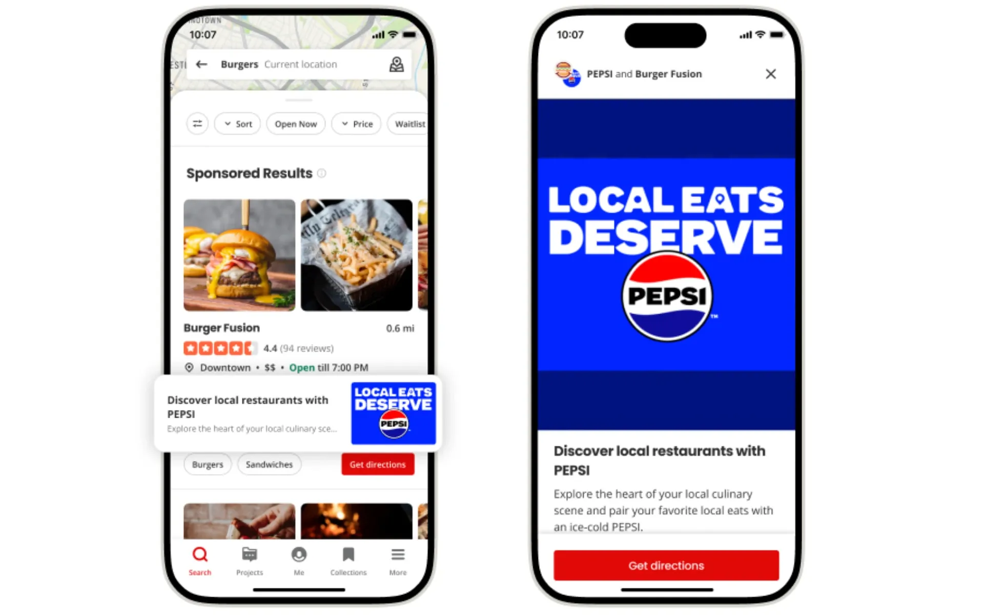 Yelp's new Local Co-branded Showcase Ads featuring Pepsi and Burger Fusion restaurant partnership