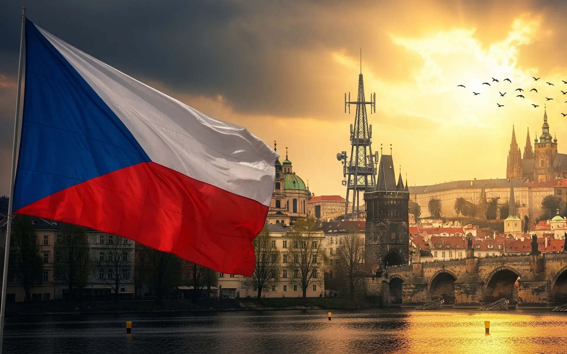 Czech flag waves over Prague Castle as media organizations unite for European regulatory compliance.
