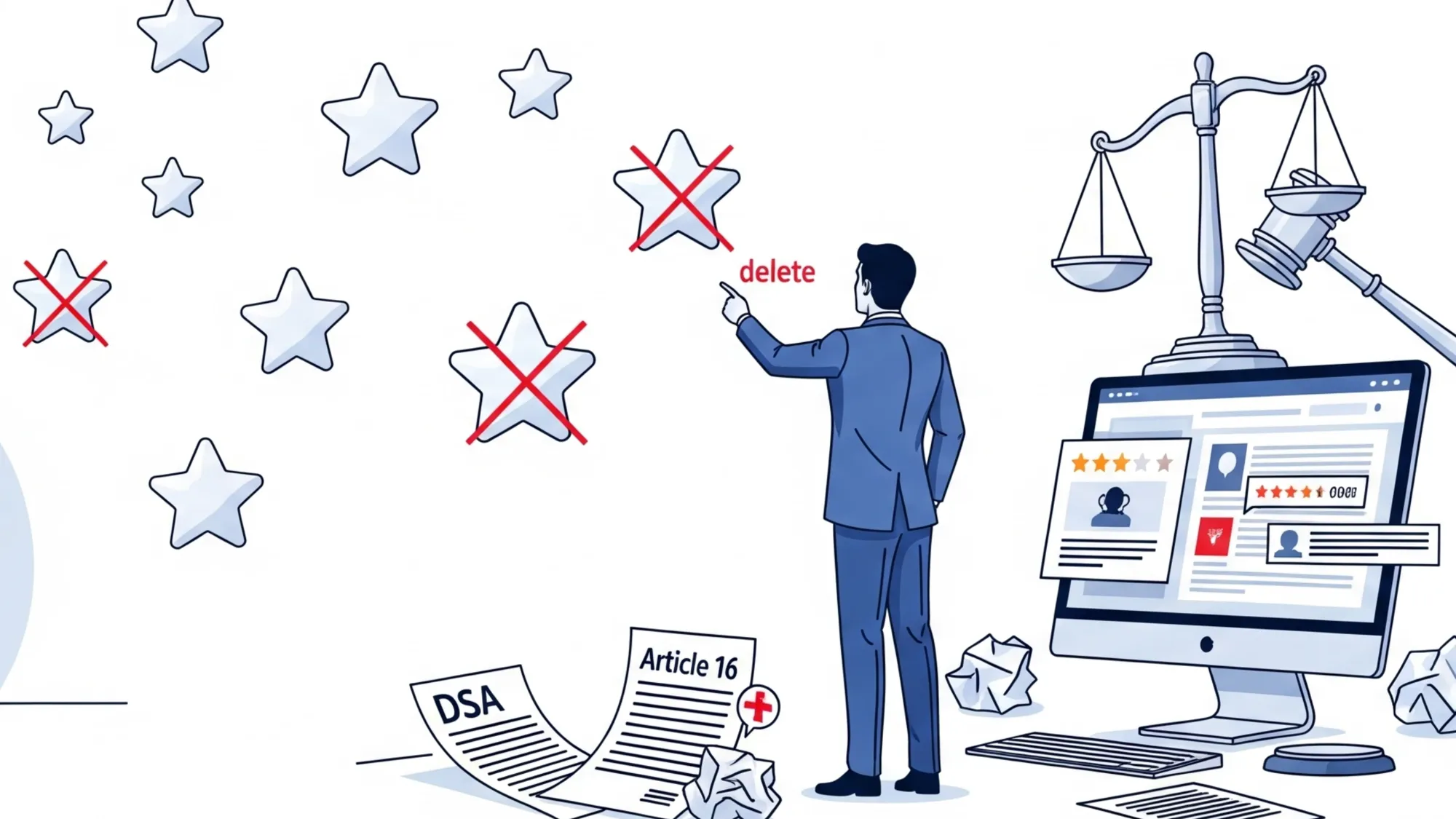 European businessman deleting negative reviews using DSA Article 16 regulations on computer screen
