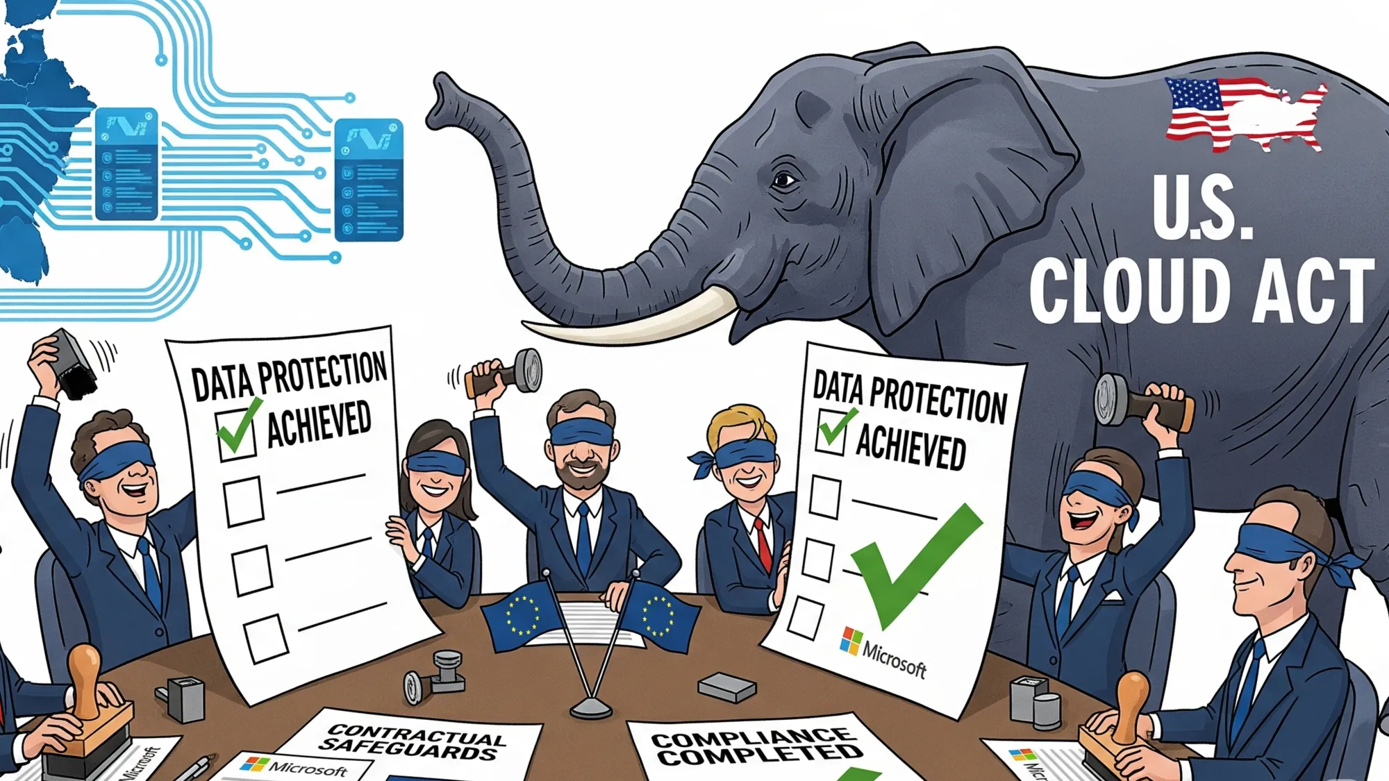 EU officials celebrate Microsoft compliance with blindfolds on while massive US Cloud Act elephant looms behind them.
