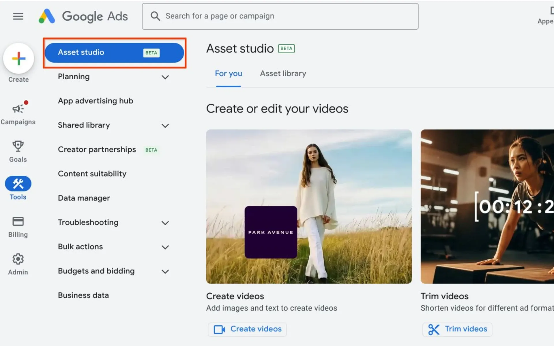 Google Ads Asset Studio interface showing video creation tools with "Create videos" and "Trim videos" options in beta testing phase.
