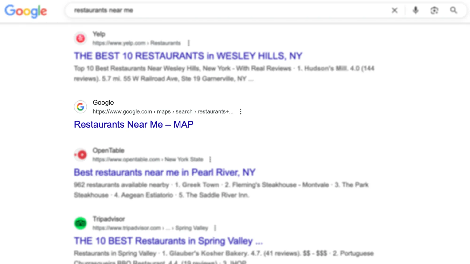 Google Maps search results now appearing in organic rankings for "restaurants near me" queries, showing indexed URLs.