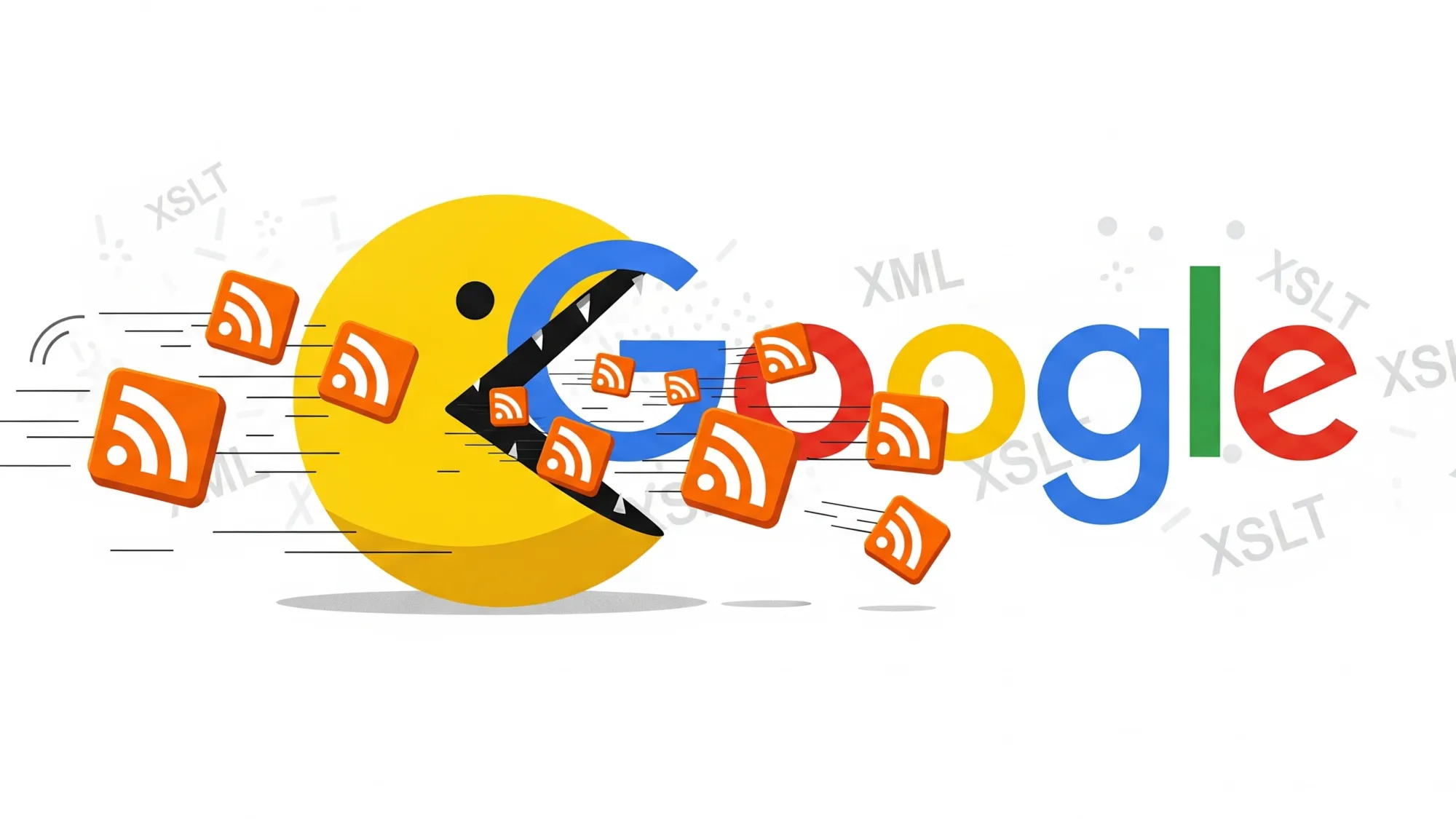 Google Pac-Man consuming RSS feeds and XML technologies, illustrating browser vendor attack on open web standards