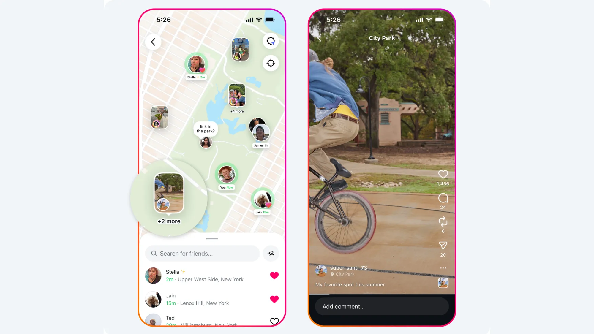 Instagram map feature showing friend locations and City Park content from user super_santi_73 with bike photo.