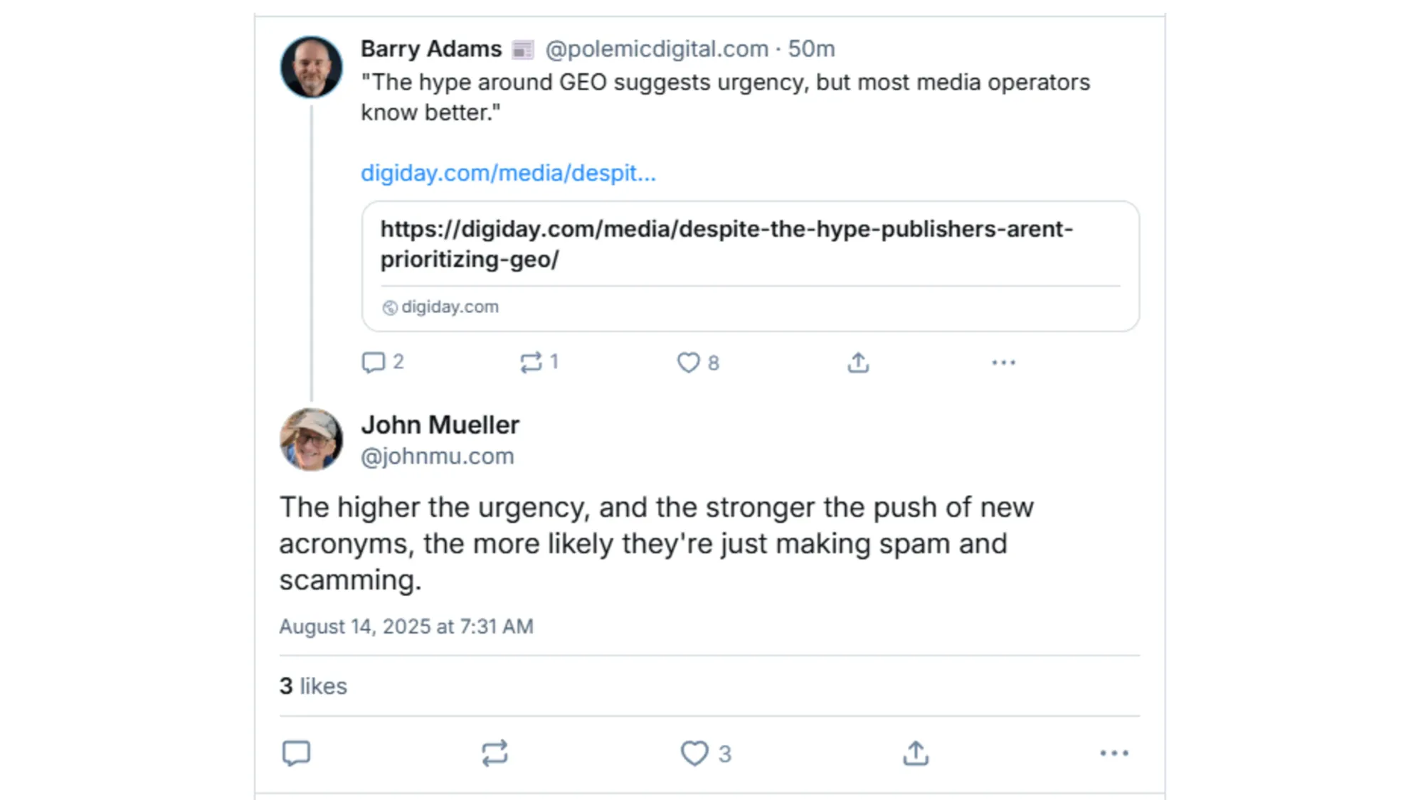 Google's John Mueller warns against AI SEO acronym hype on Bluesky, calling urgent promotion spam tactics.