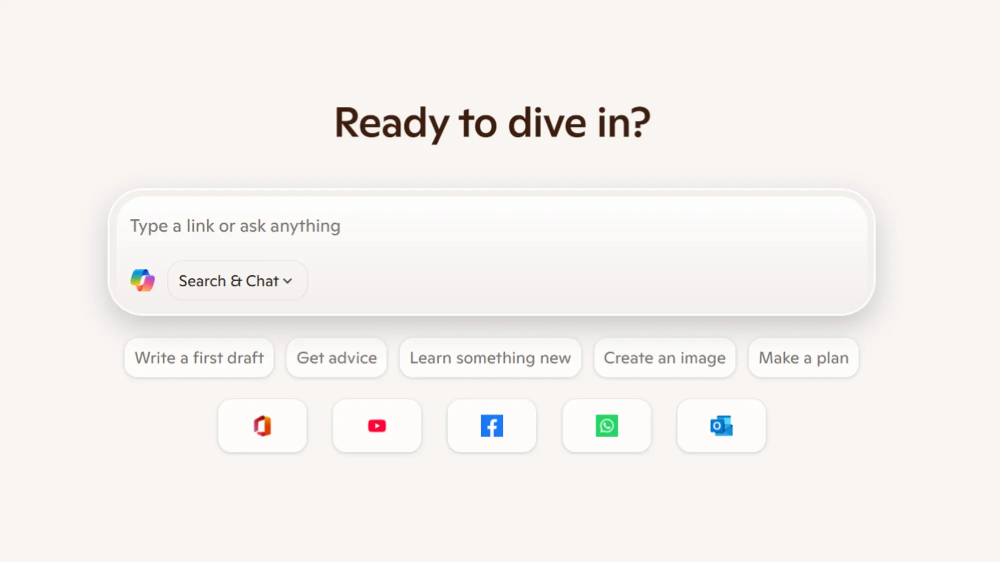 New Copilot Mode homepage in Microsoft Edge showing unified search and chat interface with AI-powered browsing tools.