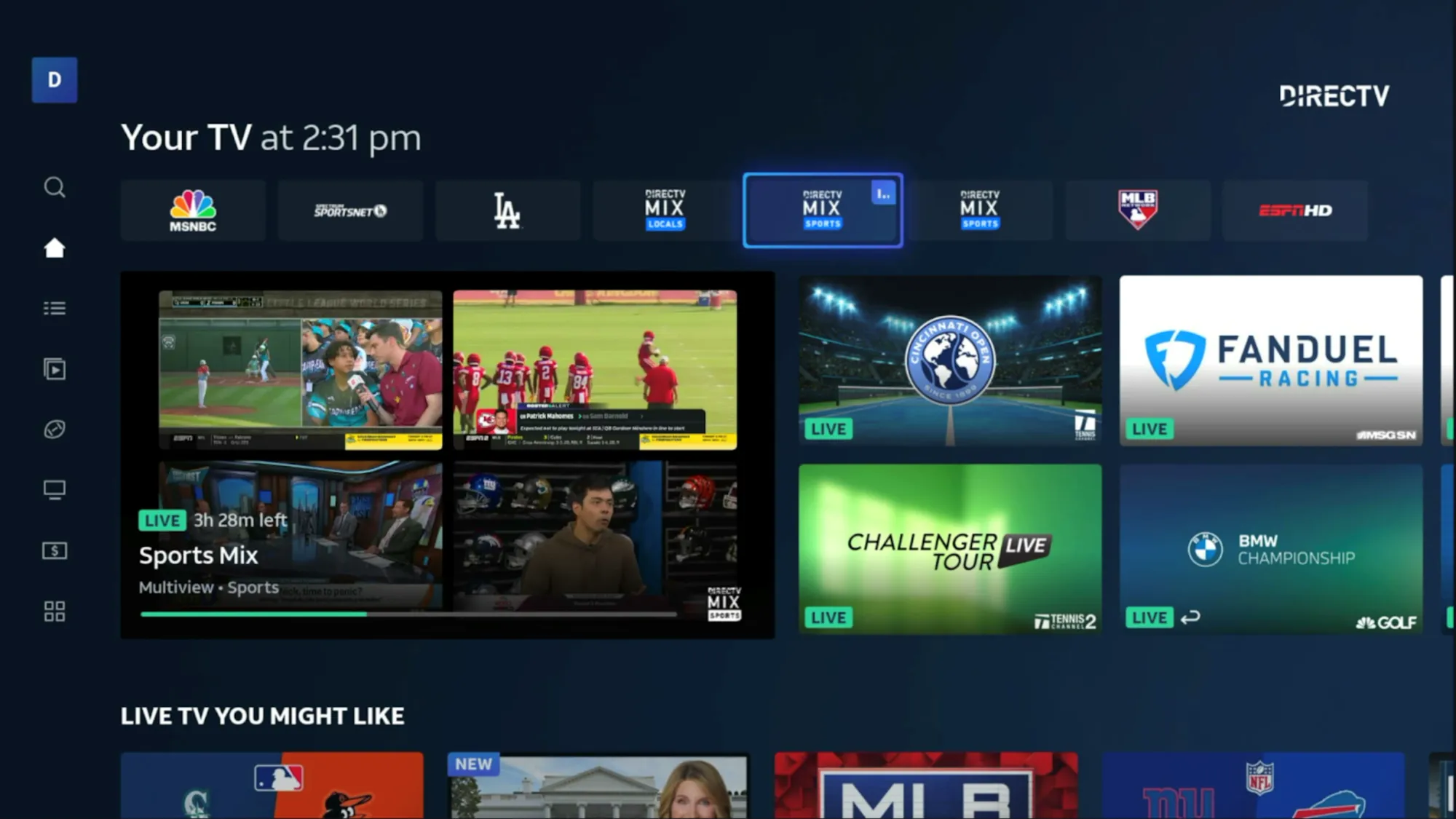 DIRECTV Sports Mix multiview interface showing four live channels simultaneously on streaming platform with enhanced navigation features.
