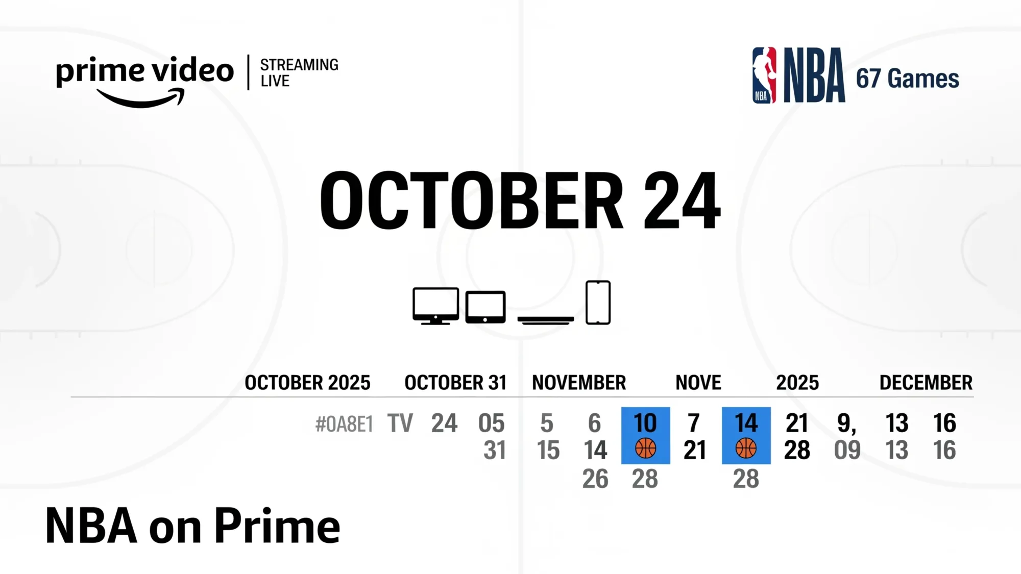 Amazon Prime Video launches NBA coverage October 24, 2025 with 67-game season including Emirates Cup tournament