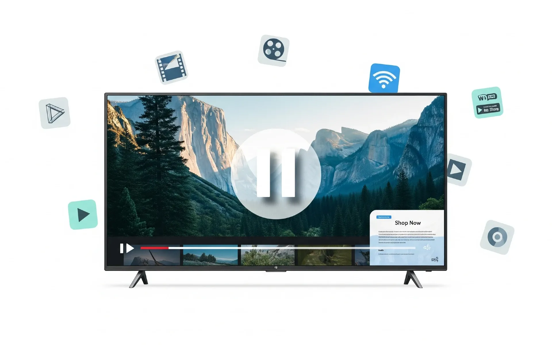 Smart TV showing pause ad overlay during streaming video with programmatic advertising