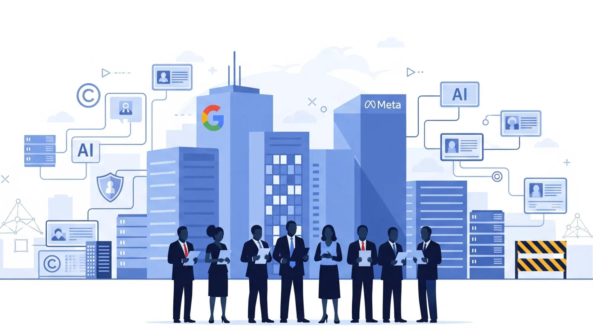 Media executives unite against AI content scraping, with Google and Meta towers amid digital barriers.