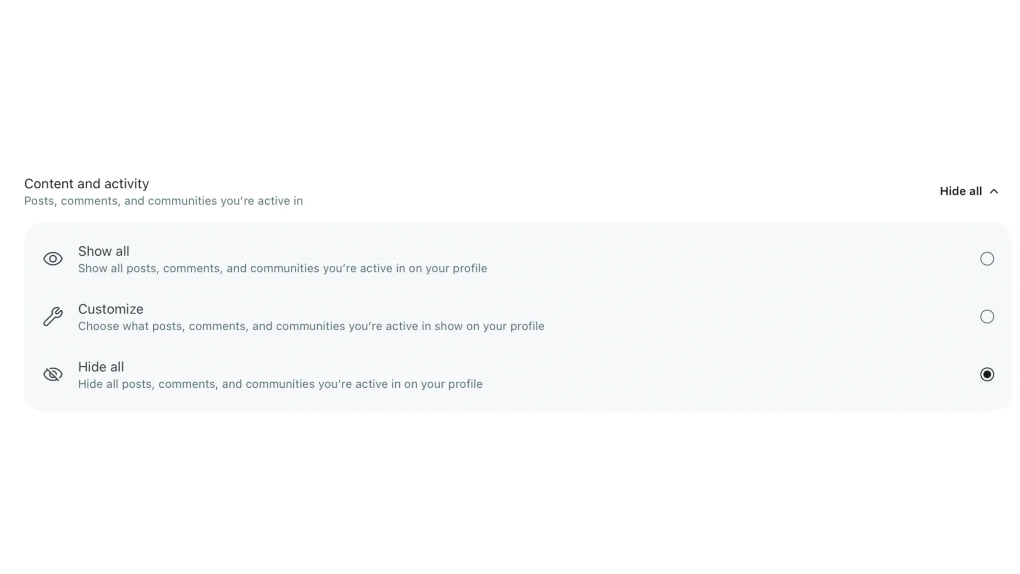 Reddit profile privacy settings interface showing options to hide all posts, comments, and community activity from public view.