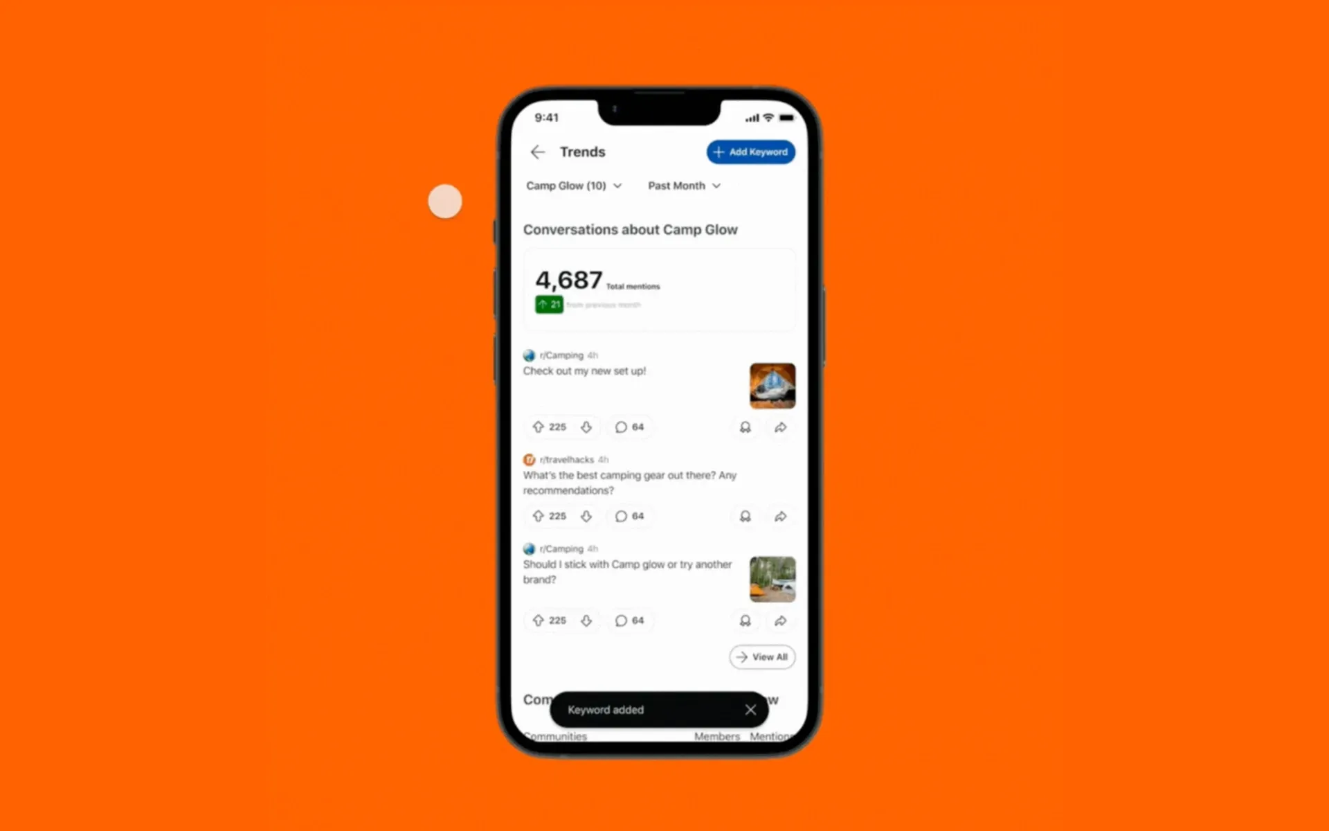 Reddit Pro mobile Trends tool showing Camp Glow keyword tracking with 4,687 mentions and real-time conversations.