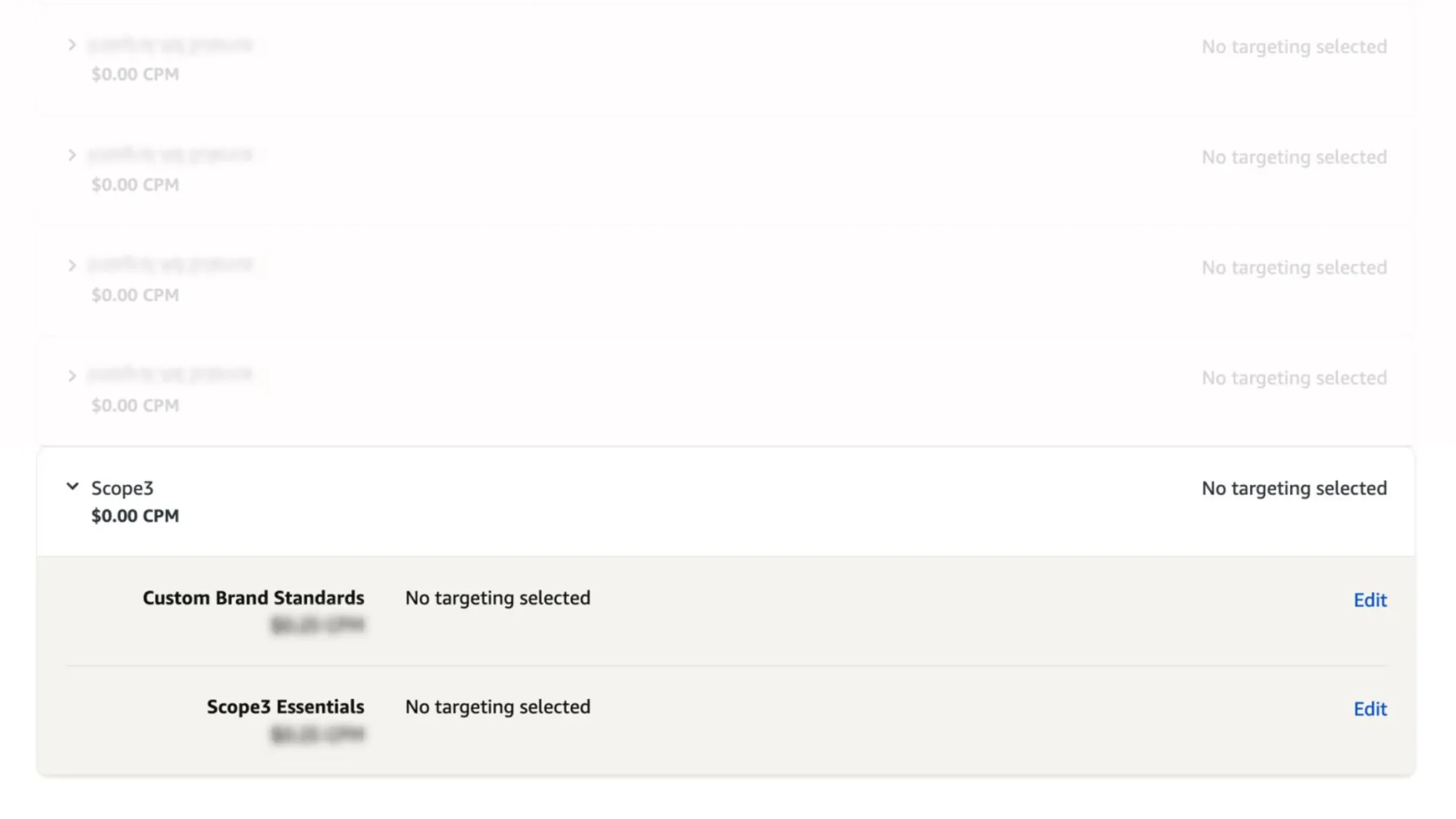 Amazon DSP interface showing Scope3 brand safety targeting options with Custom Brand Standards and Essentials.