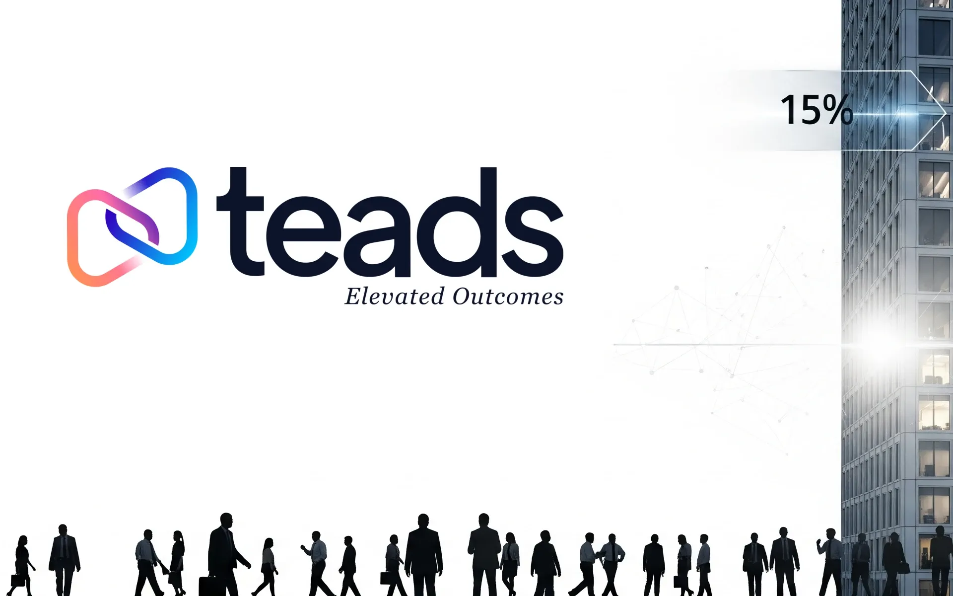 Teads cuts 15% workforce after $900M merger - Corporate restructuring visualization with office building