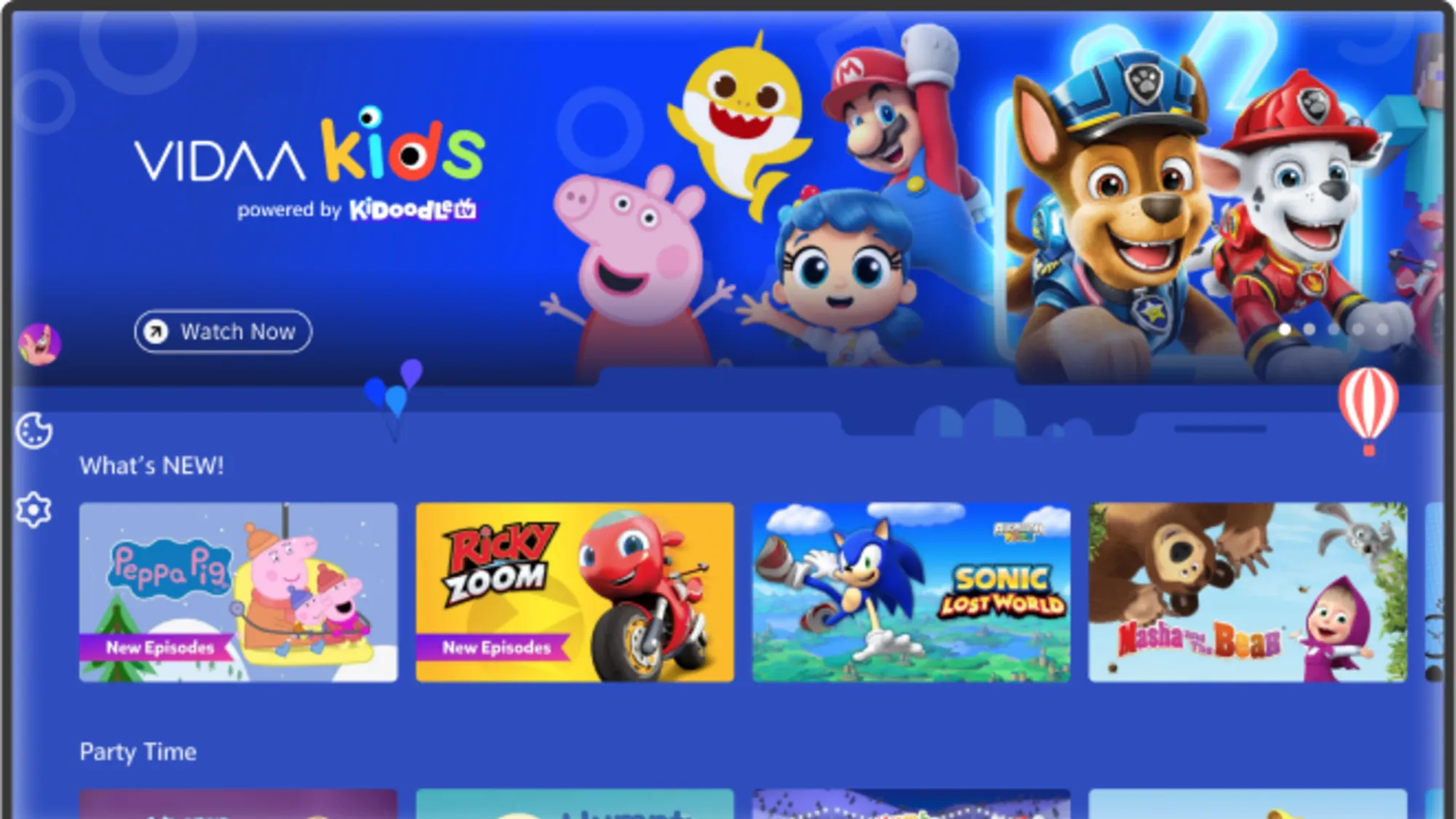 VIDAA Kids interface featuring popular children's shows like Peppa Pig, Paw Patrol on smart TV platform
