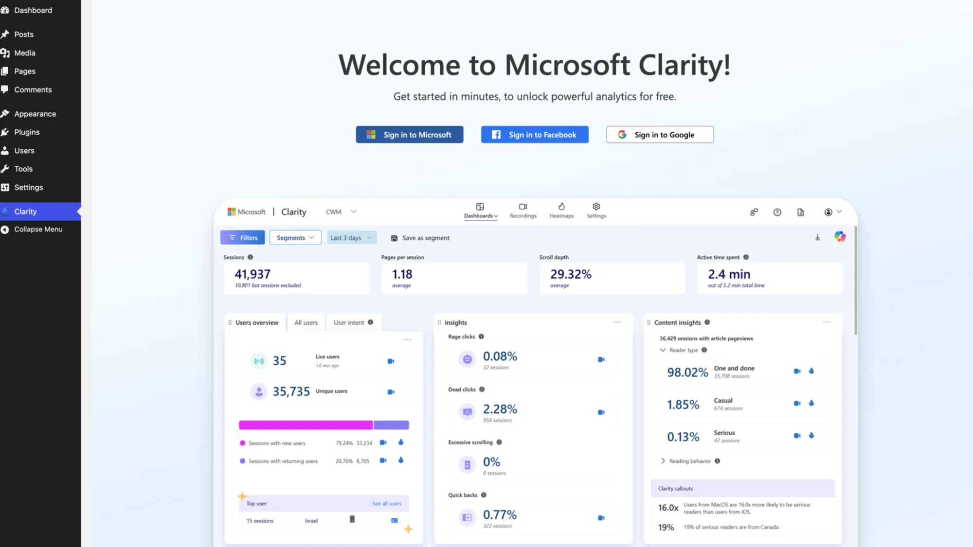 Microsoft Clarity WordPress plugin dashboard showing embedded analytics with session recordings and heatmaps integration.