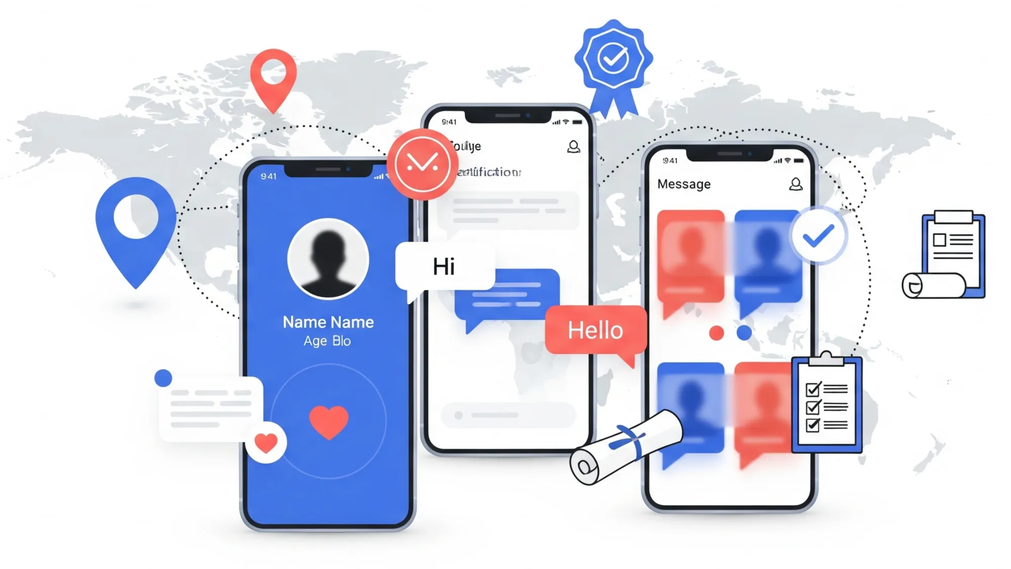 Digital dating app interfaces with certification badges and global policy framework on white background.