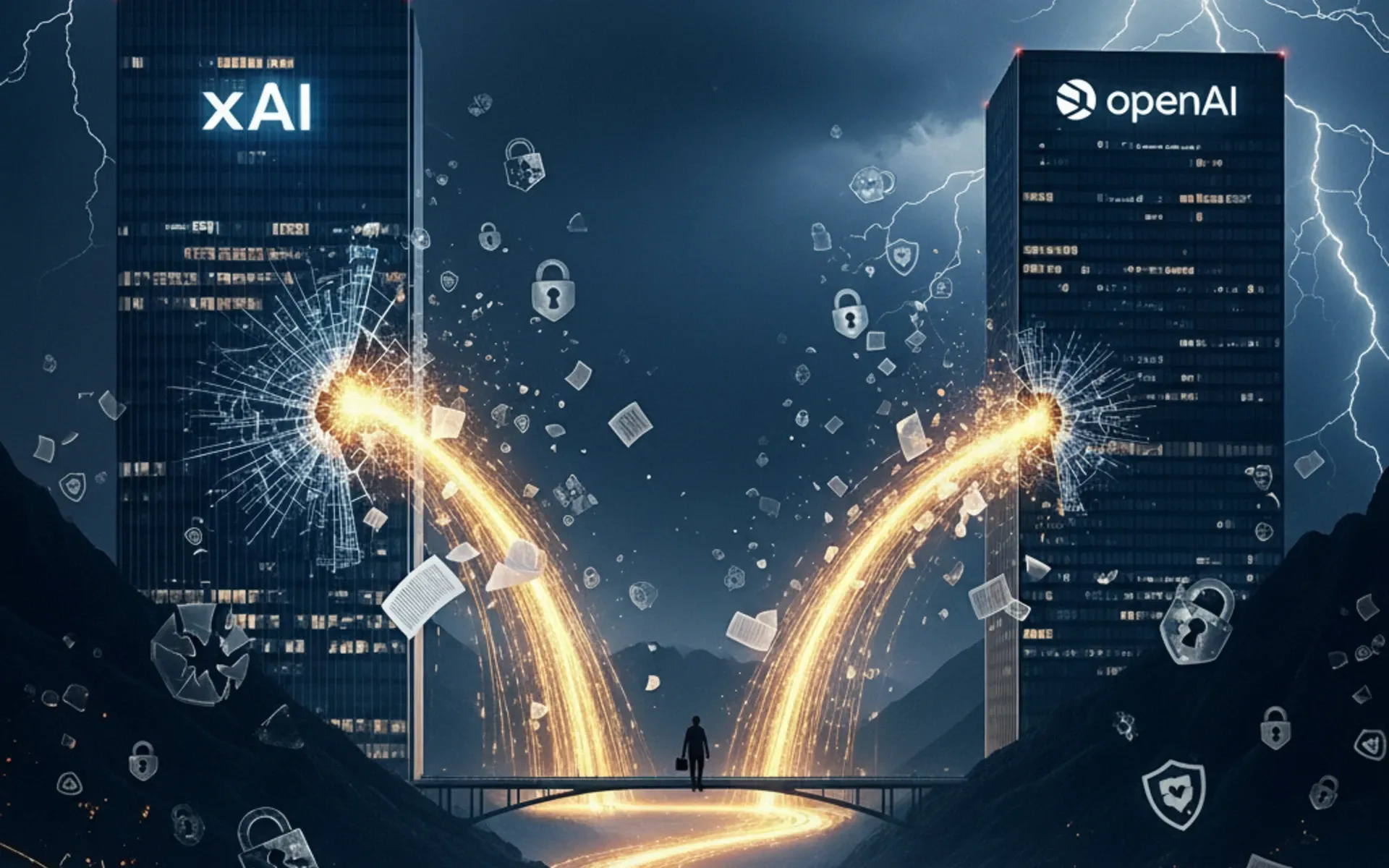 Data streams flow from xAI to OpenAI as silhouetted figure crosses bridge in corporate espionage visual
