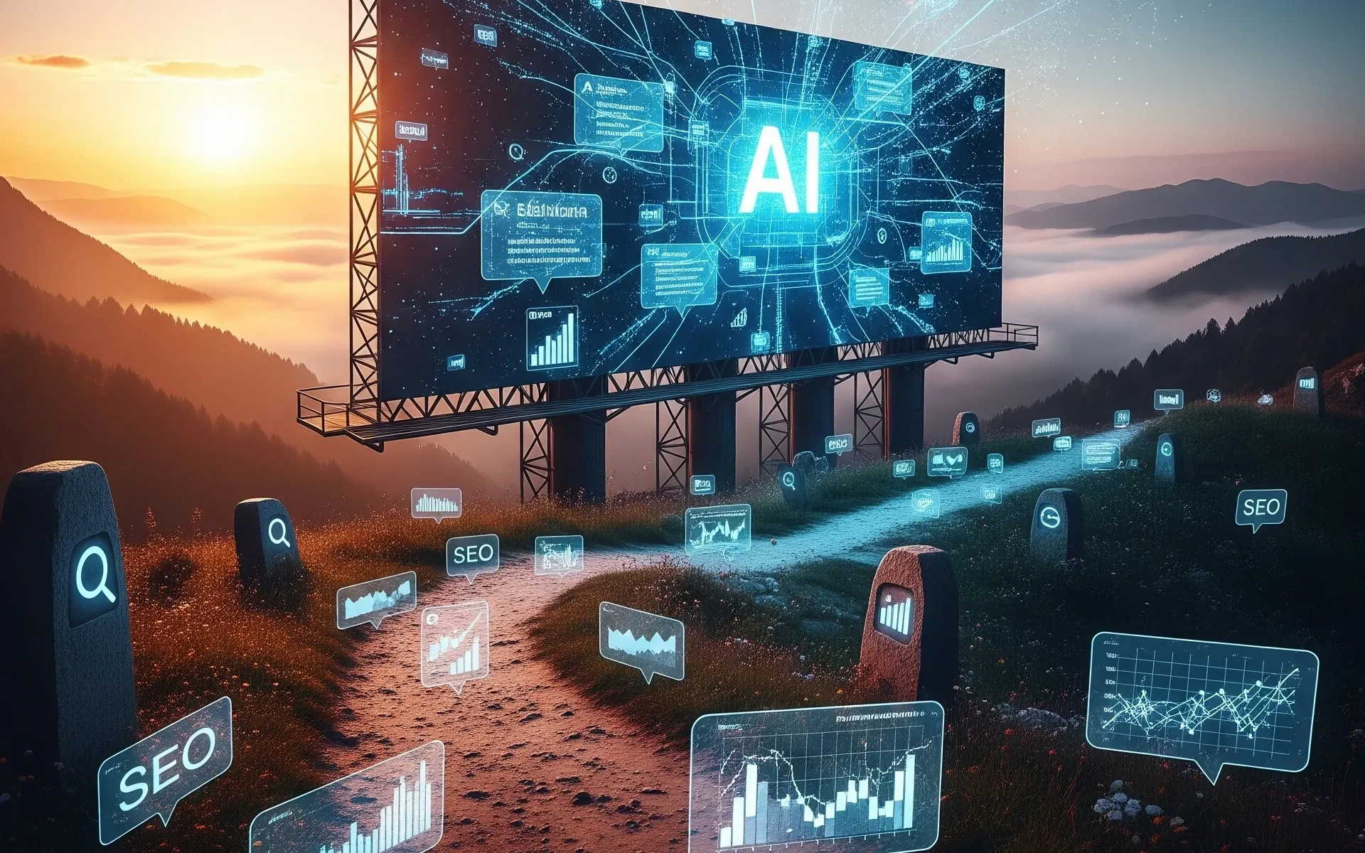 Digital billboard displaying AI technology overlooks mountain landscape with SEO analytics scattered below