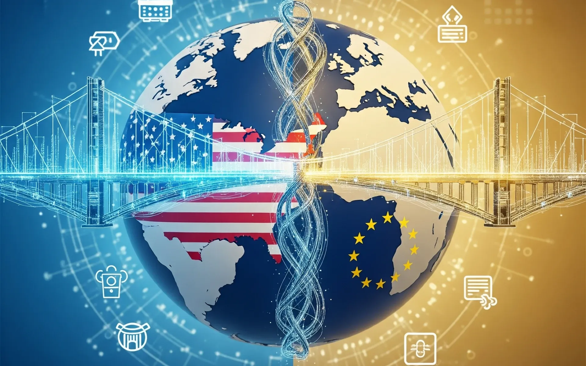 EU-US data transfer bridge connecting continents with digital streams. AI-generated image.