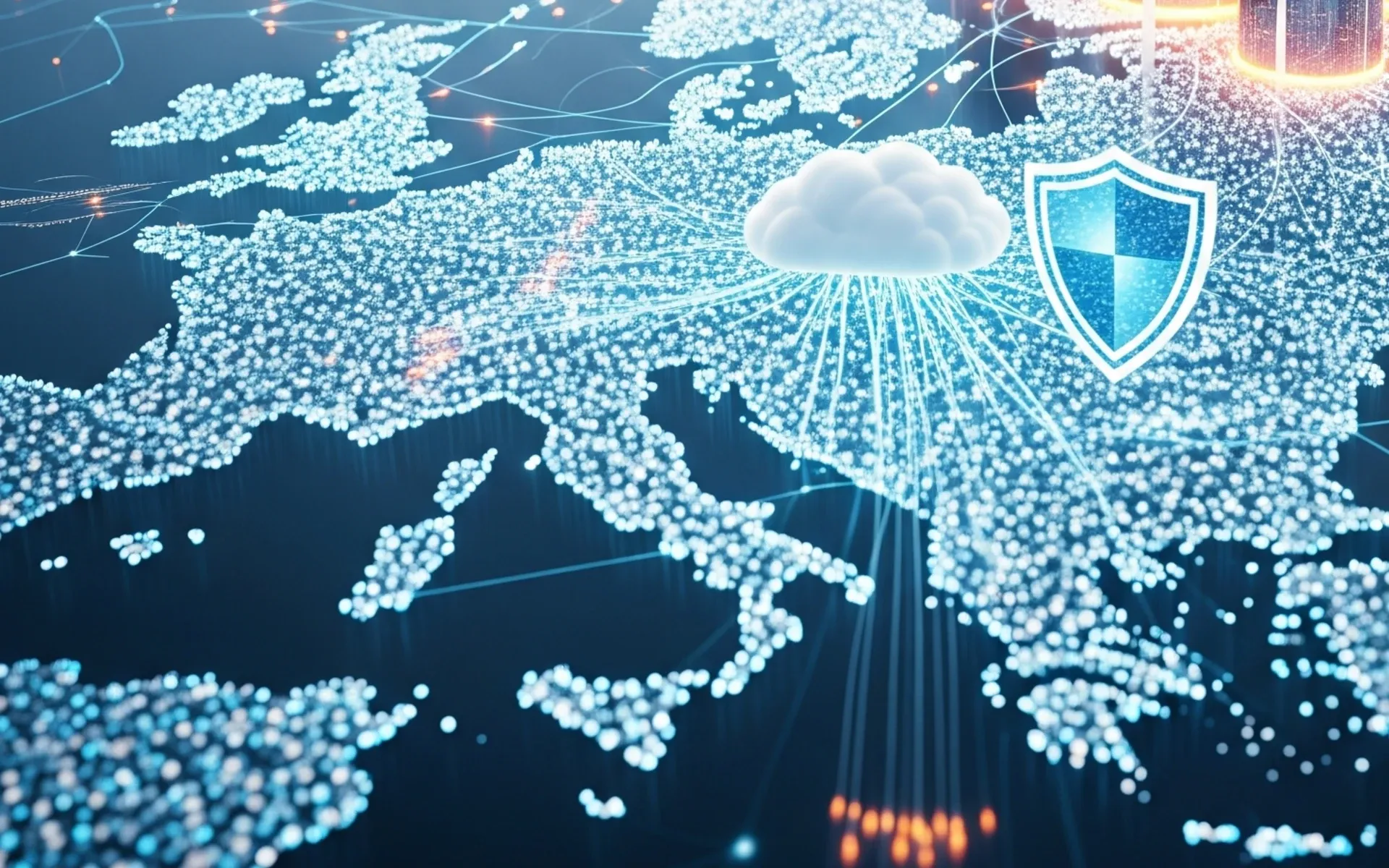Cloud security shield protecting European digital infrastructure from foreign surveillance threats.
