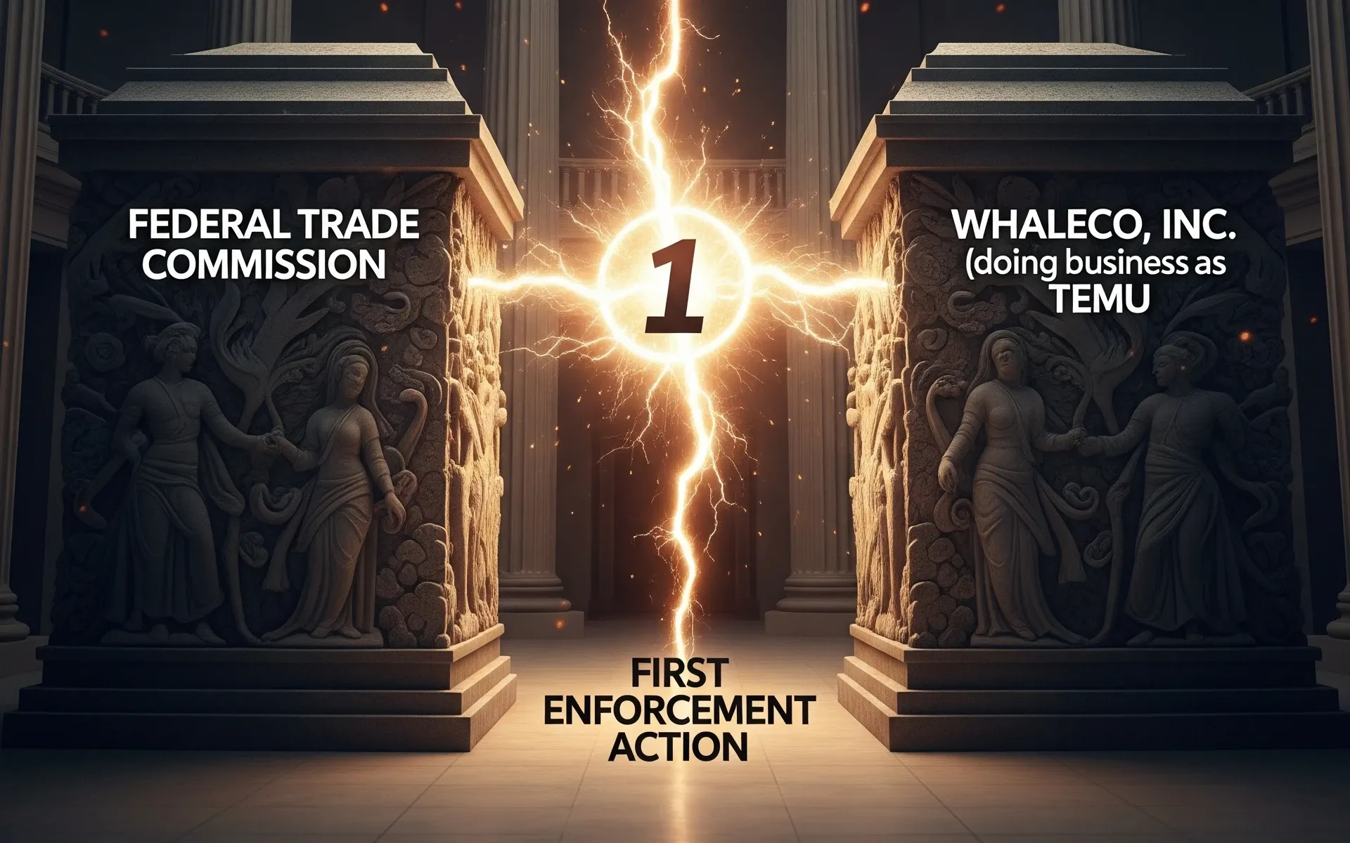 AI-generated image: FTC vs Temu first INFORM Act enforcement with classical columns and lightning