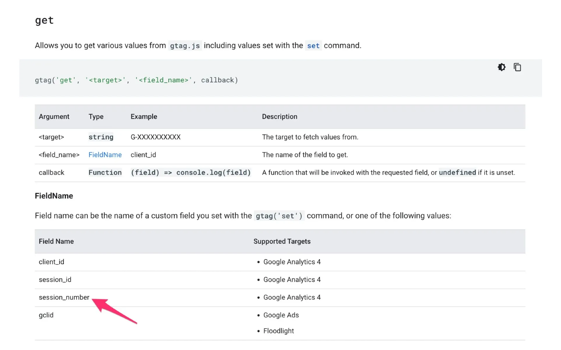 gtag.js get() API documentation showing new session_number field support for Google Analytics 4 tracking