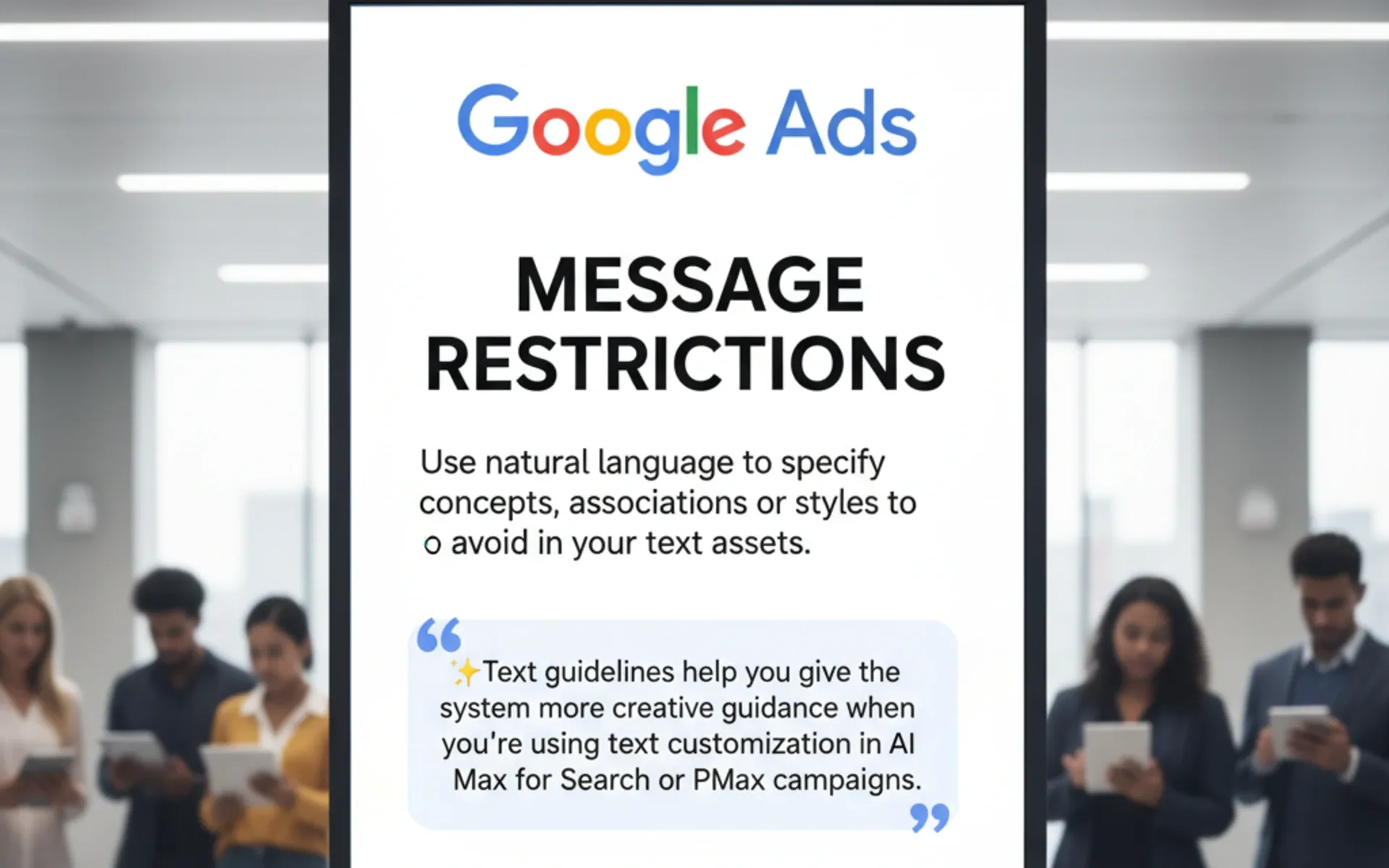 Google Ads message restrictions interface showing text guidelines for AI Max and Performance Max campaigns (AI generated)
