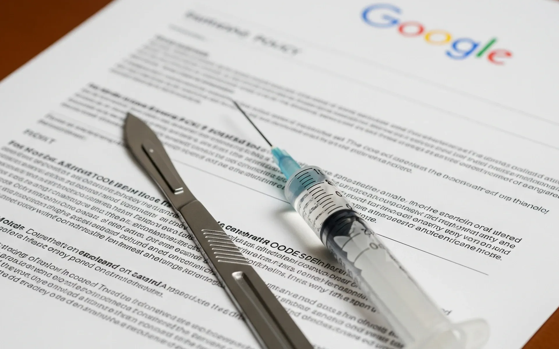 Google policy documents with medical syringe symbolizing healthcare advertising policy changes announcement