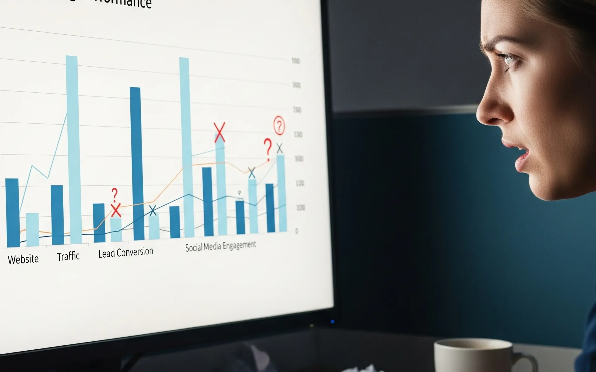 Marketing professional analyzing data quality issues on dashboard showing incomplete metrics with red warning indicators across multiple channels.