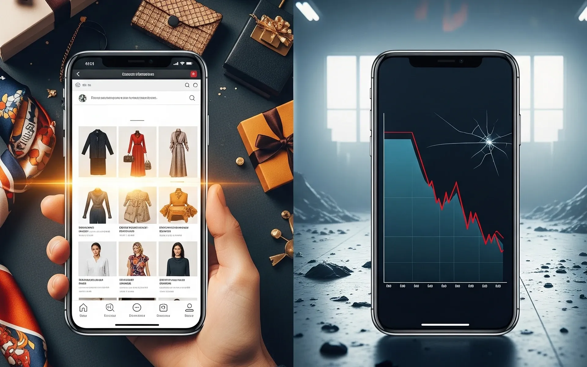 Luxury e-commerce apps show declining sales charts amid industry recession and major platform layoffs