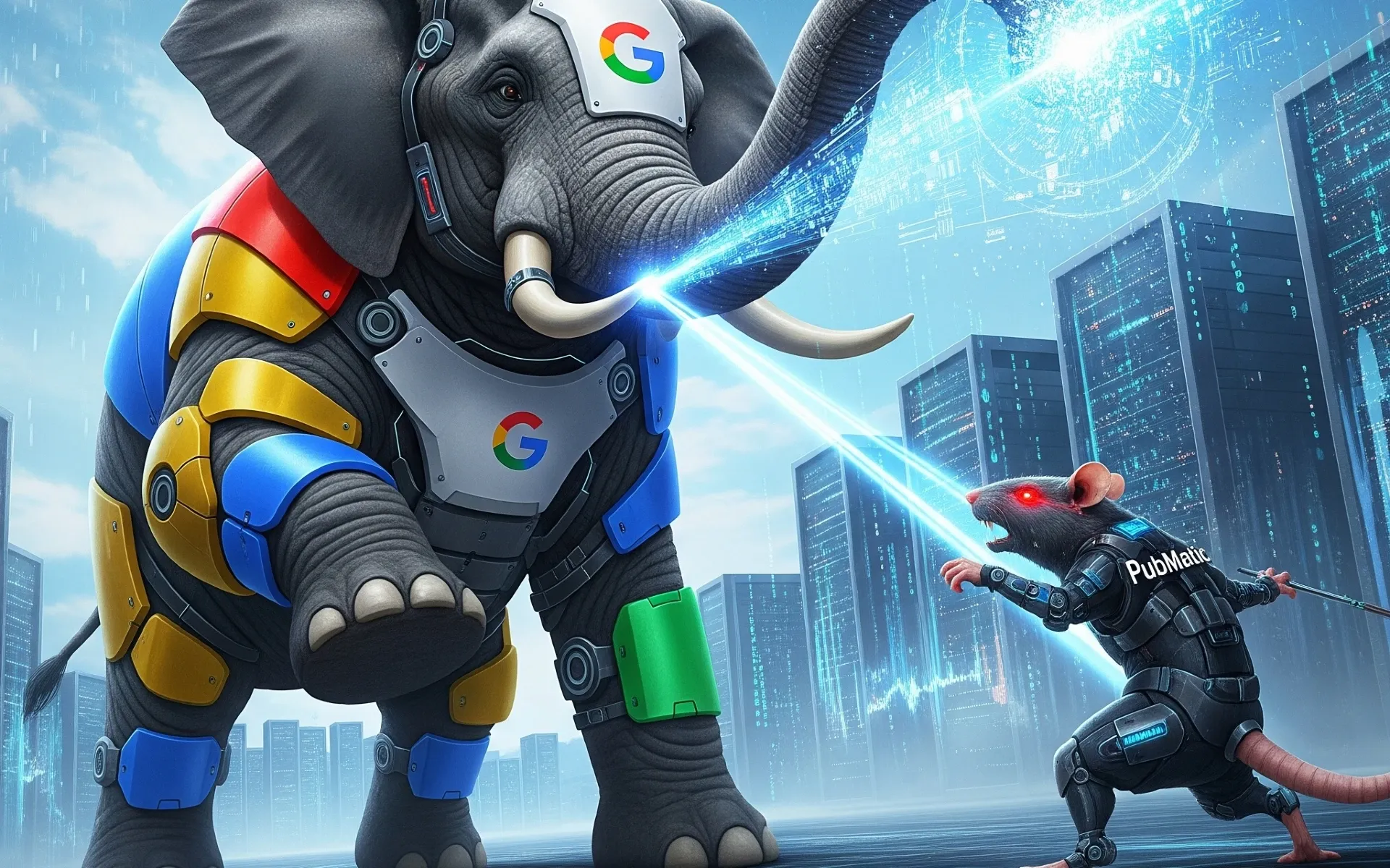 Google elephant with armor faces PubMatic rat in digital city battle. AI-generated antitrust lawsuit imagery.