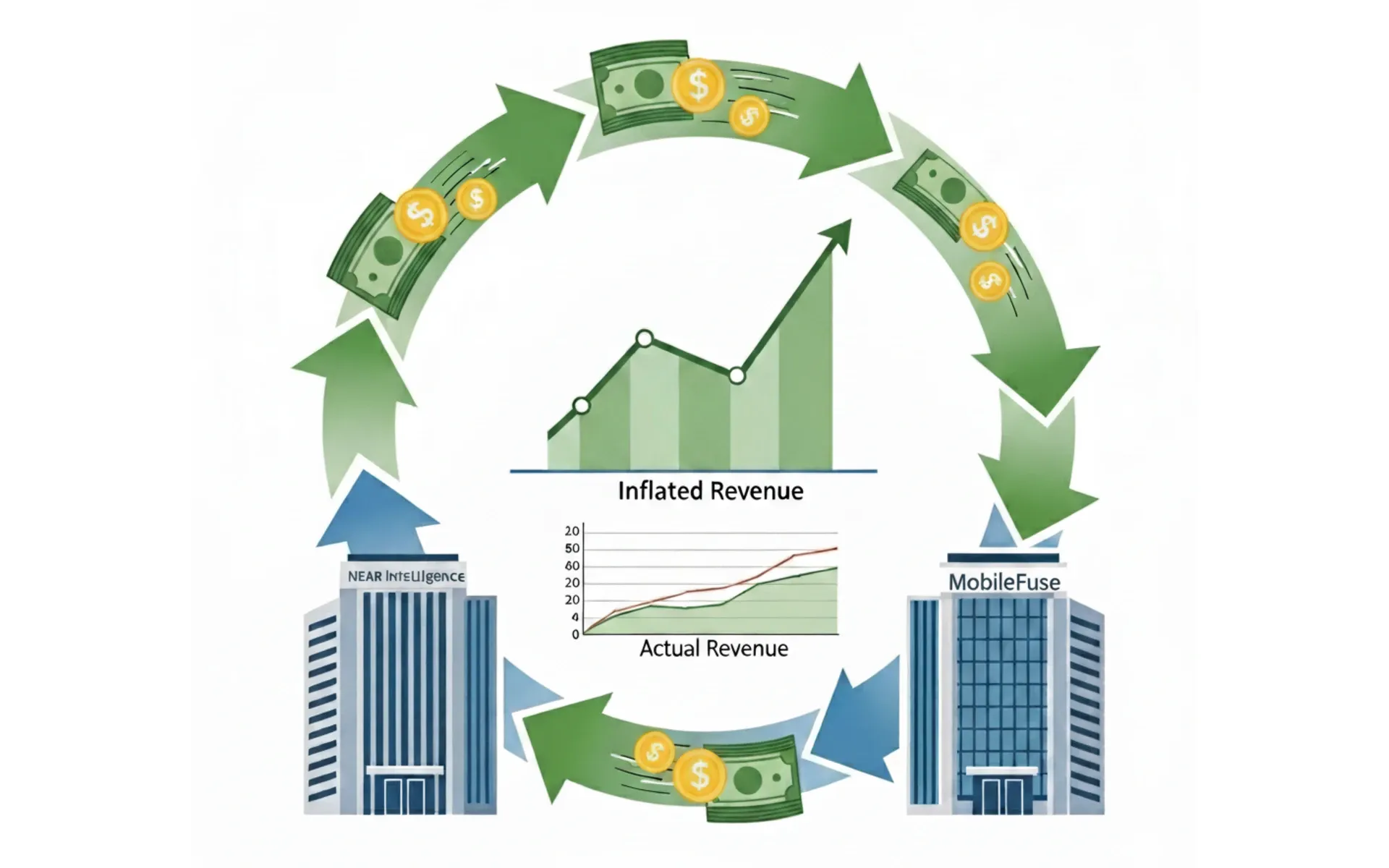 Near Intelligence MobileFuse round-tripping fraud scheme diagram showing circular money flow inflating revenue