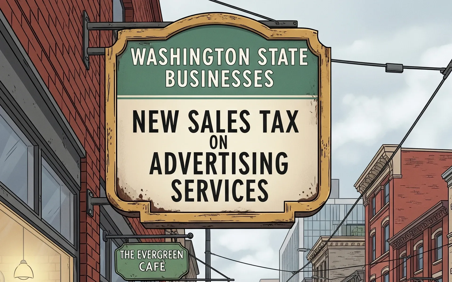 Washington State street sign announcing new sales tax on advertising services. AI generated image.