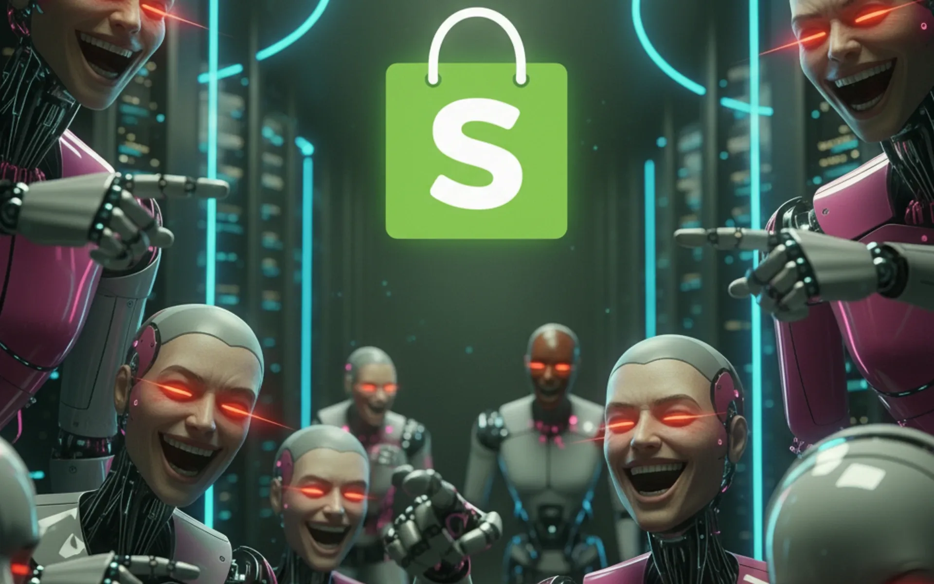 Shopify AI support bots create customer service loops preventing human contact. AI-generated image.