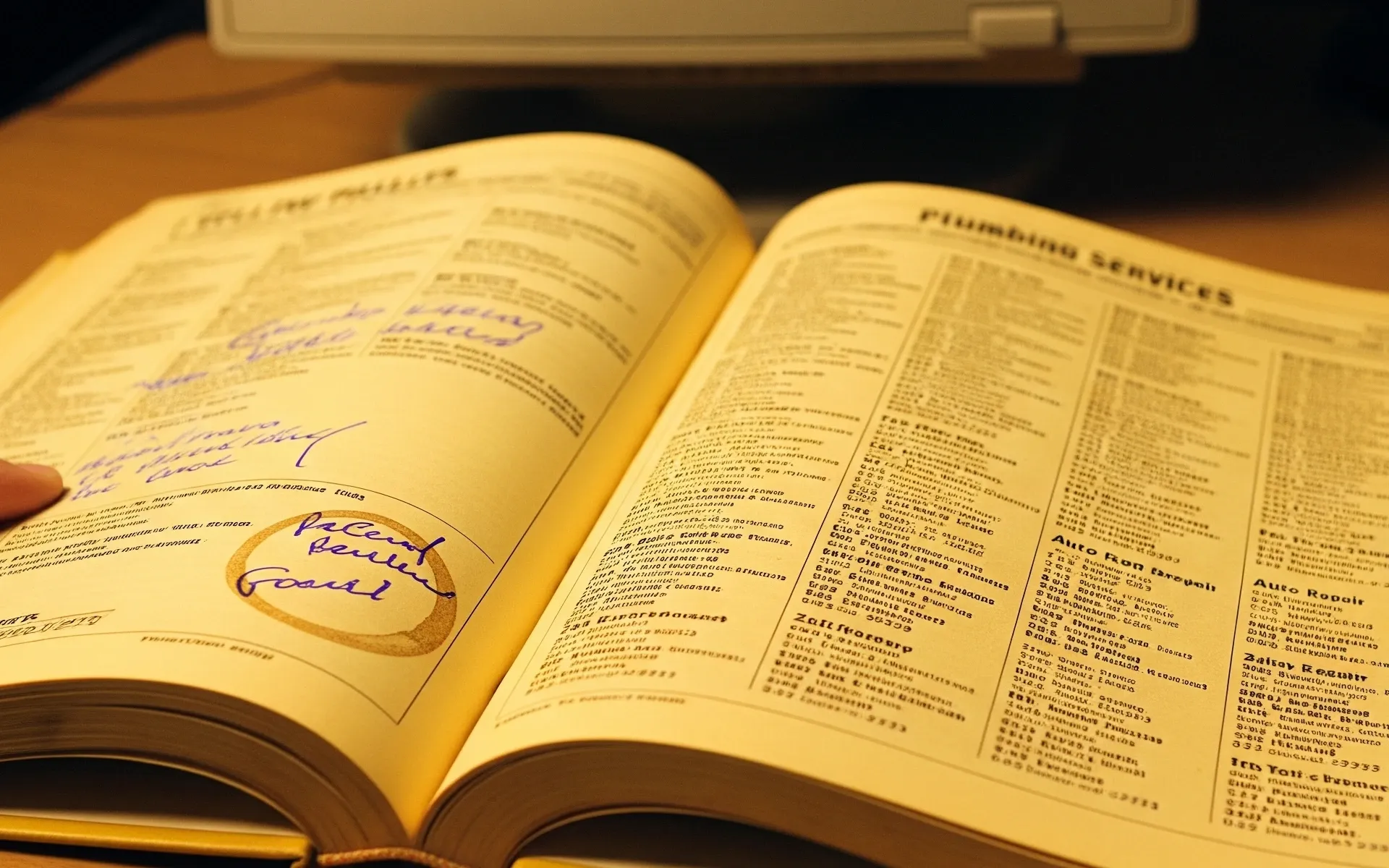 Yellow Pages directory open showing classified ads sections, illustrating Google antitrust precedent. AI generated.
