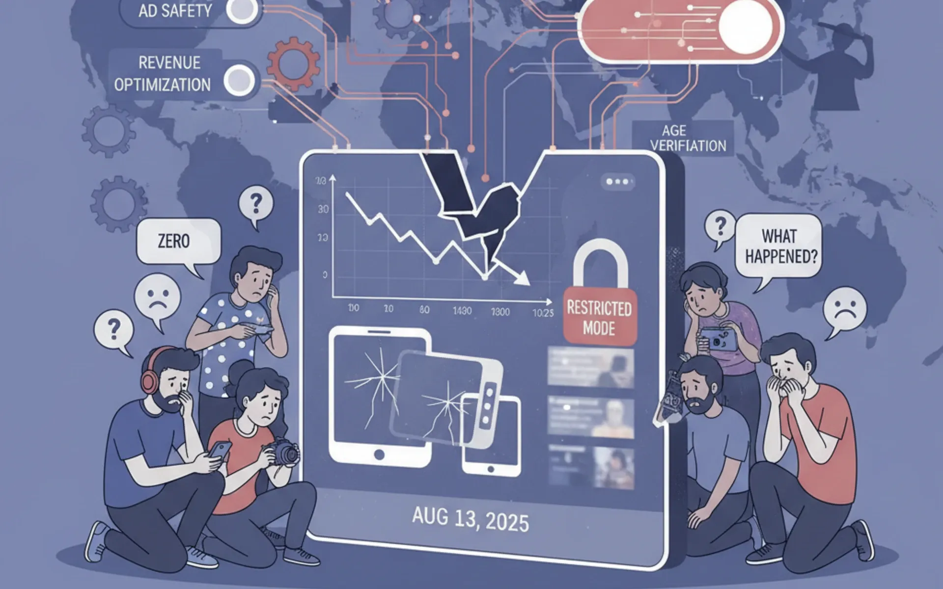 YouTube creators facing viewership drops and restricted mode changes on August 13, 2025. AI generated.