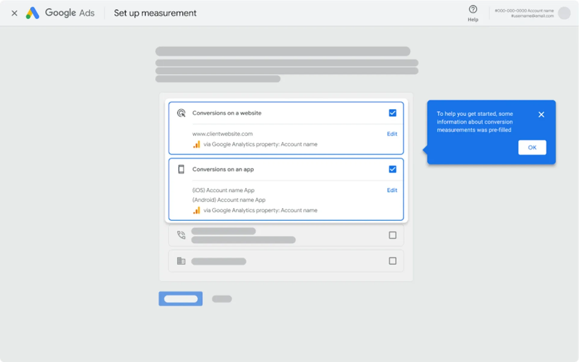 Google Ads unified conversion setup page showing web and app measurement configuration with bundled tracking options.