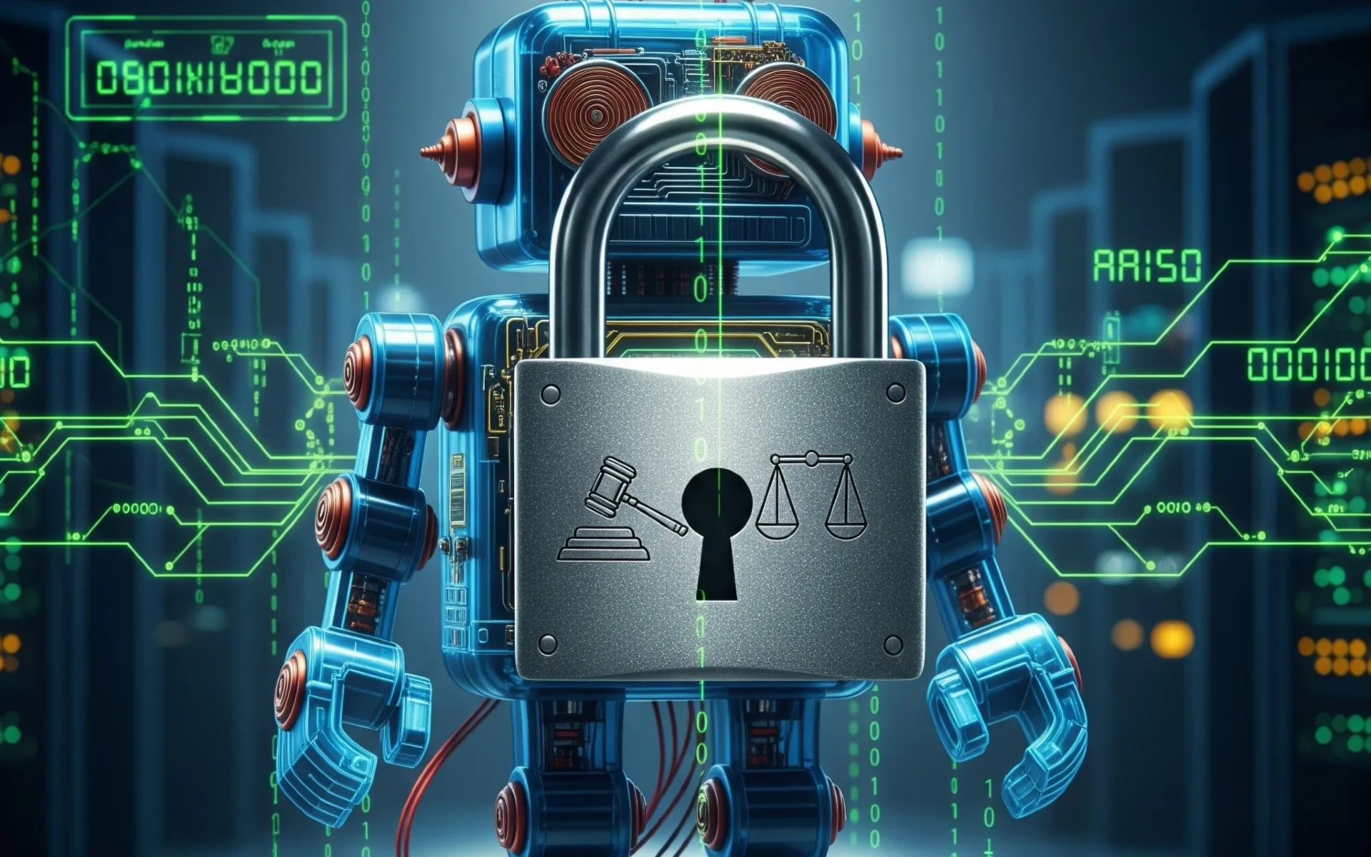 Robot with padlock featuring legal symbols amid digital data streams. AI-generated image.