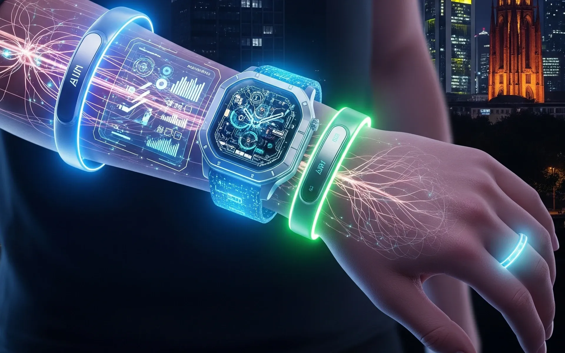 Futuristic smartwatch displaying AI health data and holographic interface on wrist against city backdrop