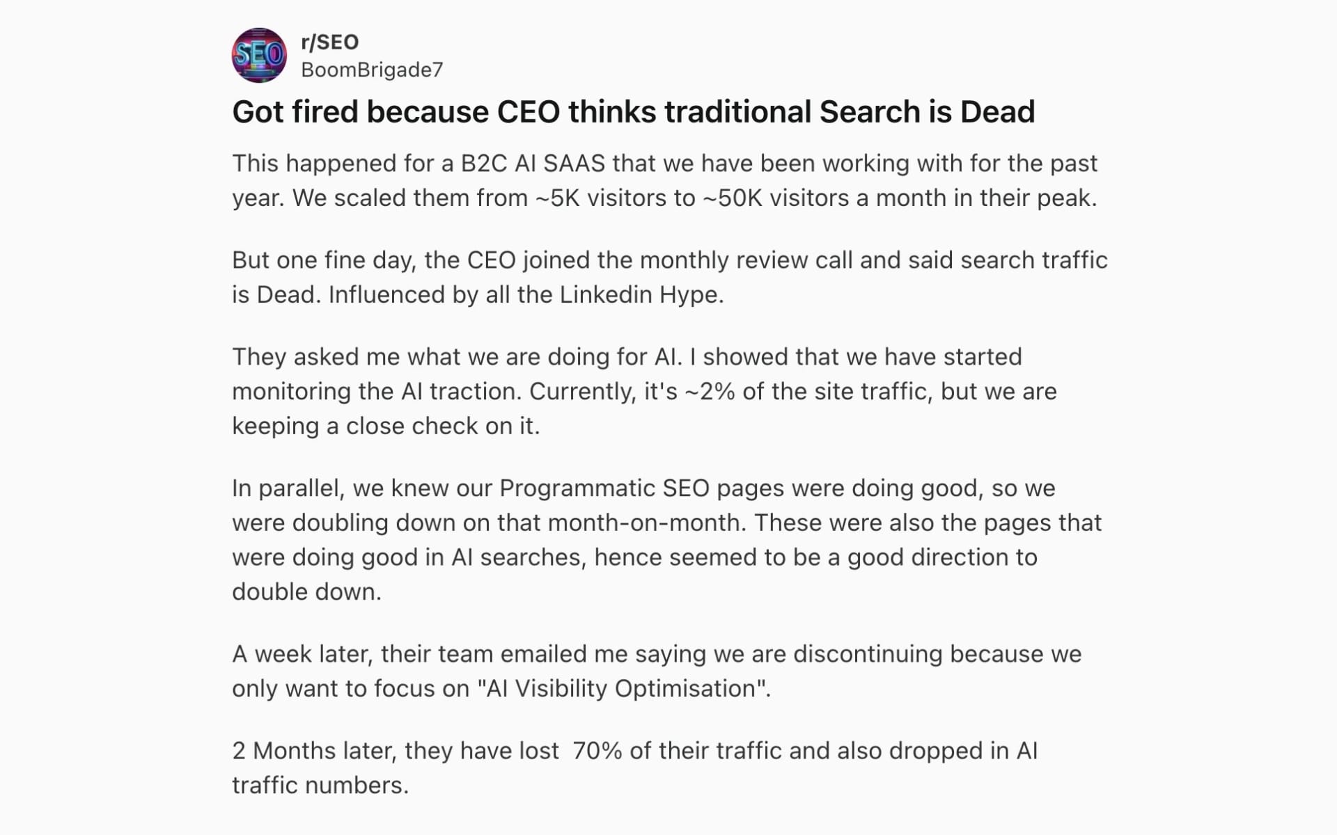 SEO professional fired as CEO bets on AI search, traffic drops 70%