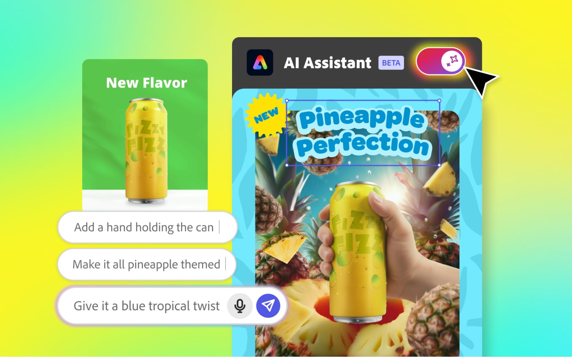 AI Assistant in Adobe Express transforms drink ad with conversational edits and tropical theme.Retry