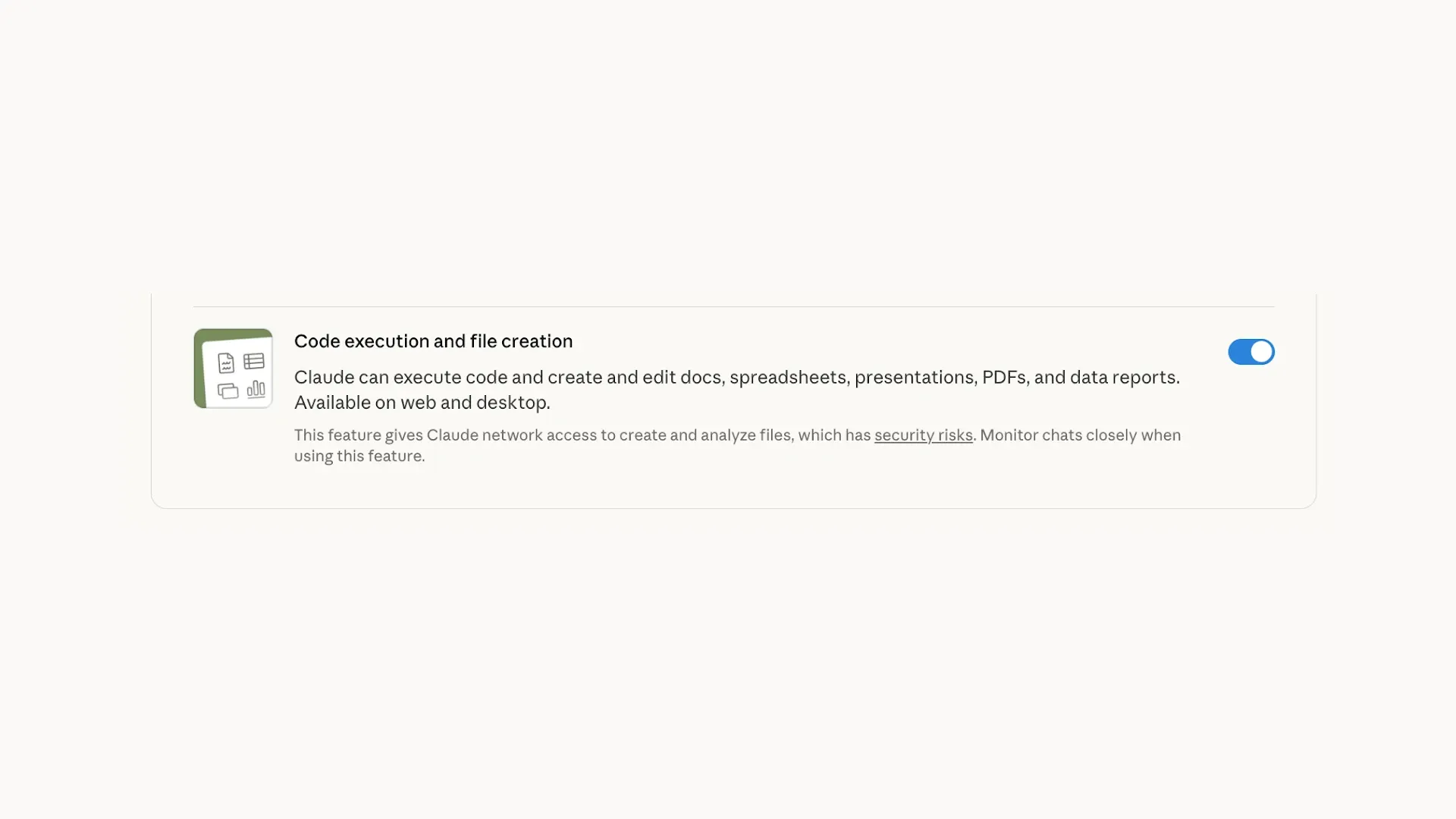 Claude file creation toggle in settings showing code execution and document generation capabilities enabled