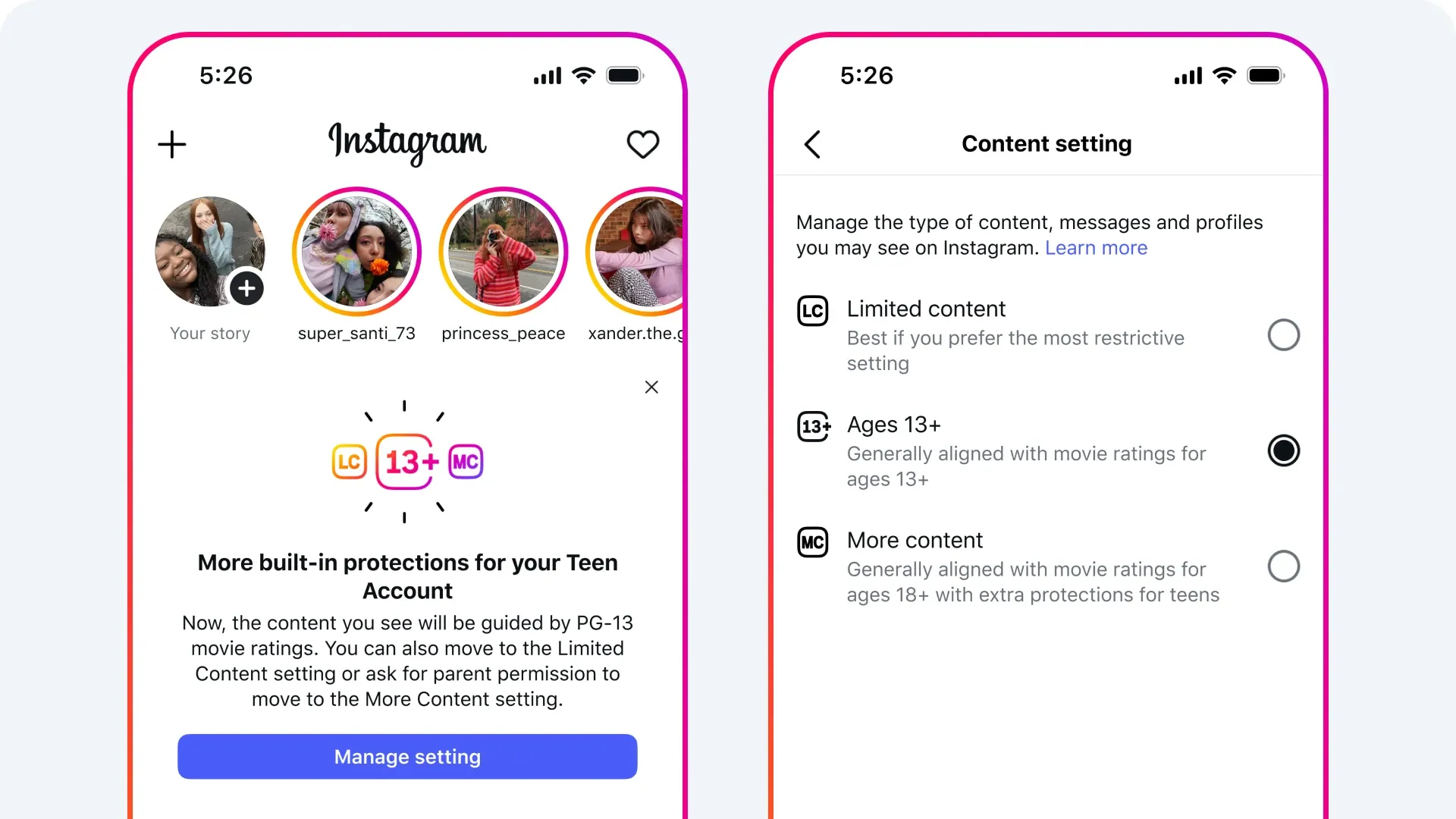 Instagram Teen Account content settings showing PG-13 rating options and parental controls for age restrictions.