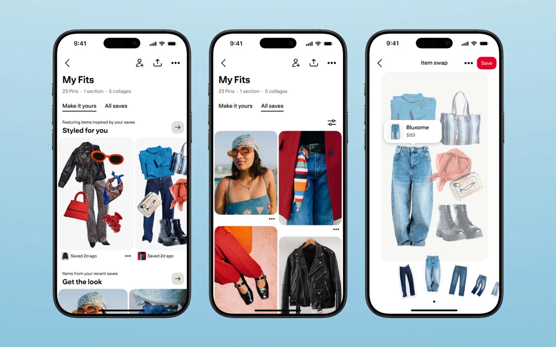 Pinterest AI-powered boards showing "Make it yours" and "Styled for you" fashion features